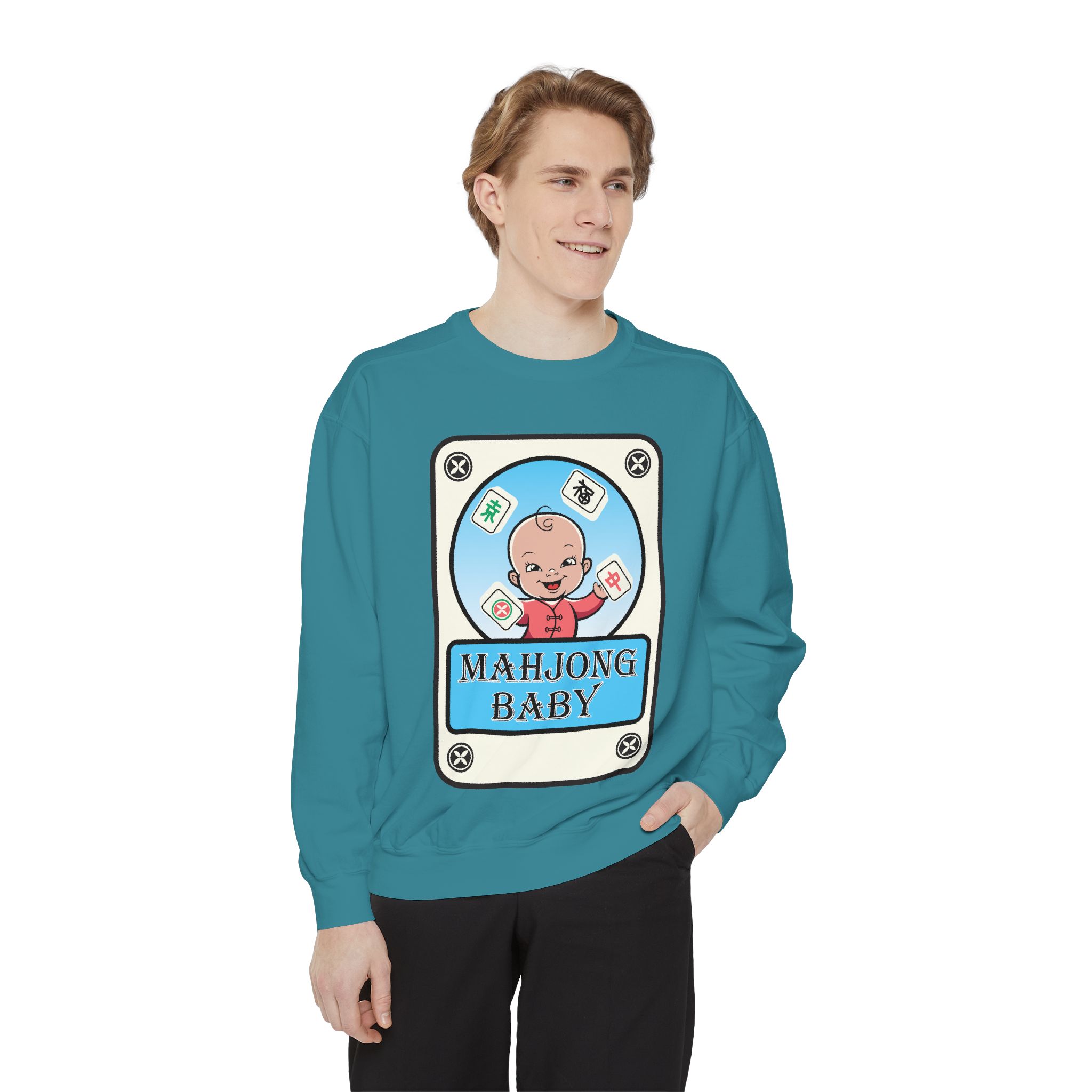 Mahjong Baby Sweatshirt | Unisex Garment-Dyed Crewneck in Baby Blue - Image 39