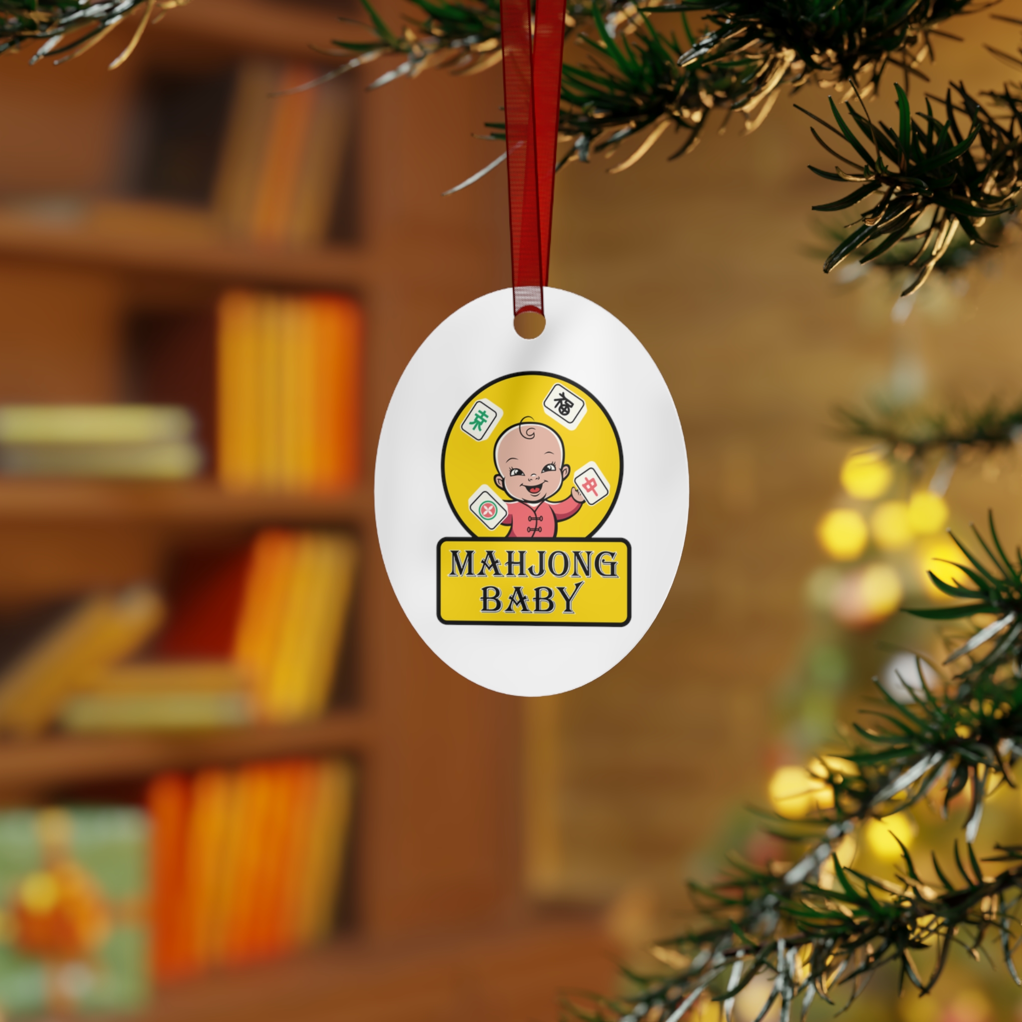 Mahjong Baby Metal Ornament | Yellow Original Holiday Decoration (Bell, Tree, Round, Oval) - Image 8