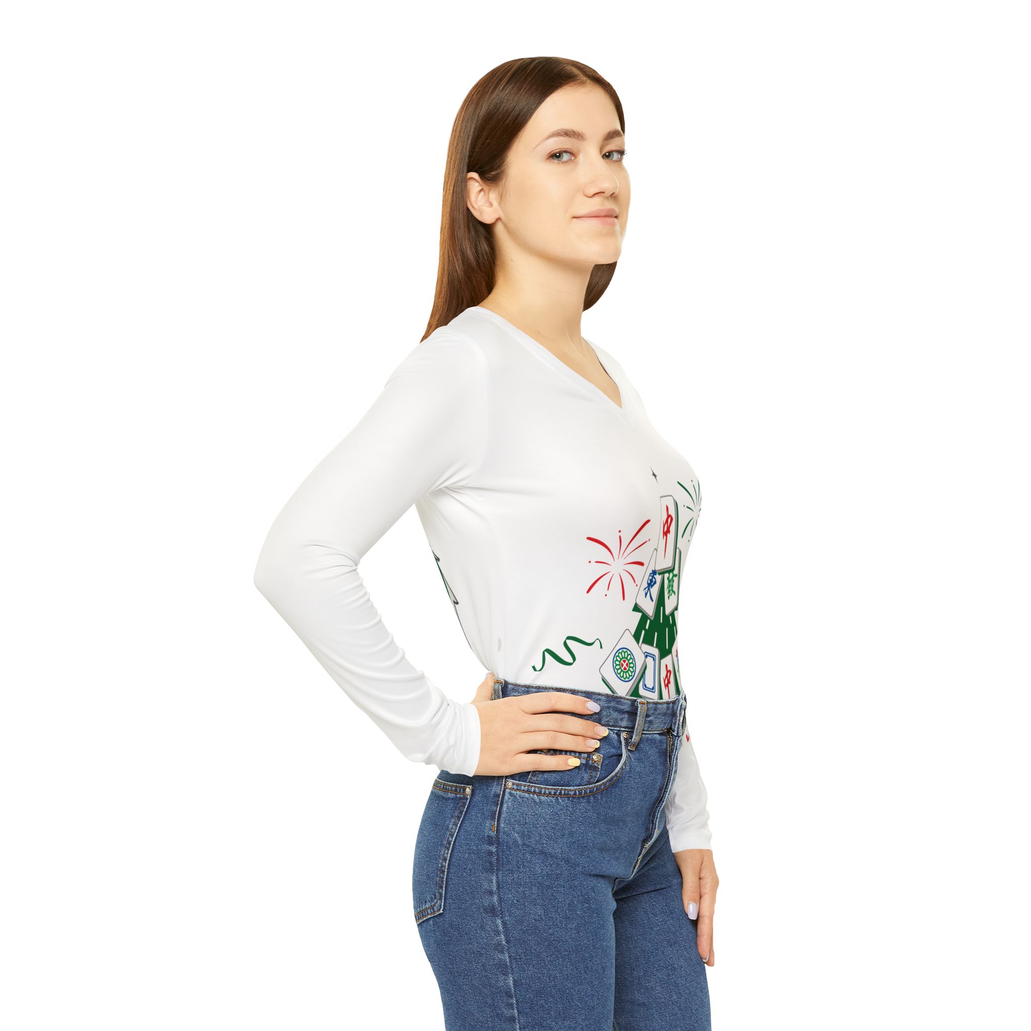 Mahjong Christmas Tree V-Neck Long Sleeve | Festive Mahjong Holiday Shirt for Game Lovers - Image 7
