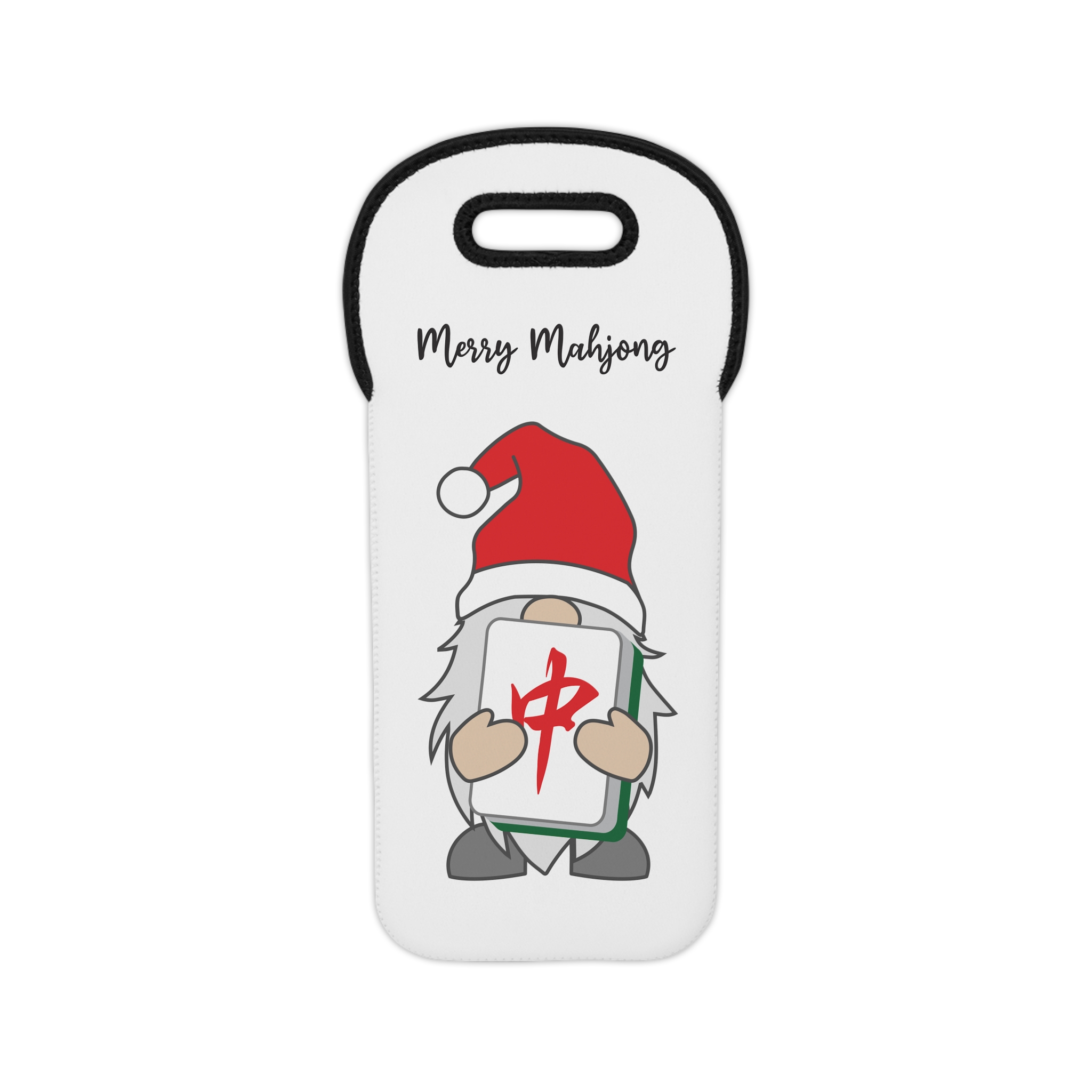 Christmas Mahjong Wine Tote | “Merry Mahjong” Gnome Neoprene Wine Carrier - Image 3