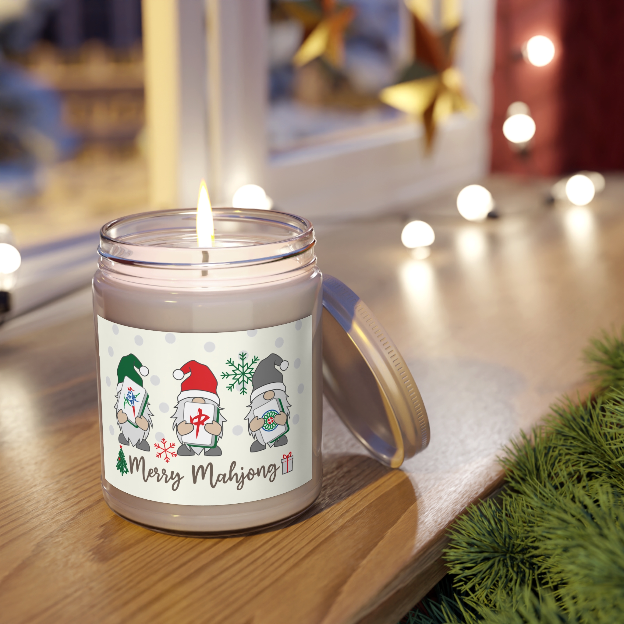 Merry Mahjong Gnome Scented Candle | Holiday Soy Wax Jar (9oz) - Image 9