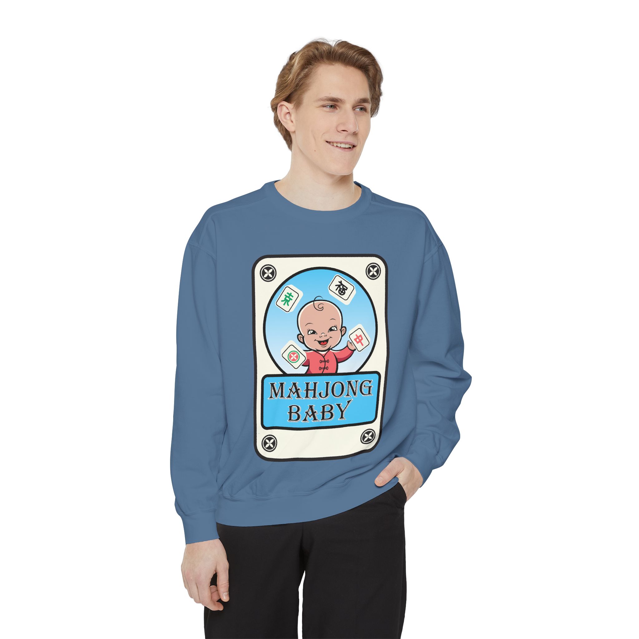 Mahjong Baby Sweatshirt | Unisex Garment-Dyed Crewneck in Baby Blue - Image 51