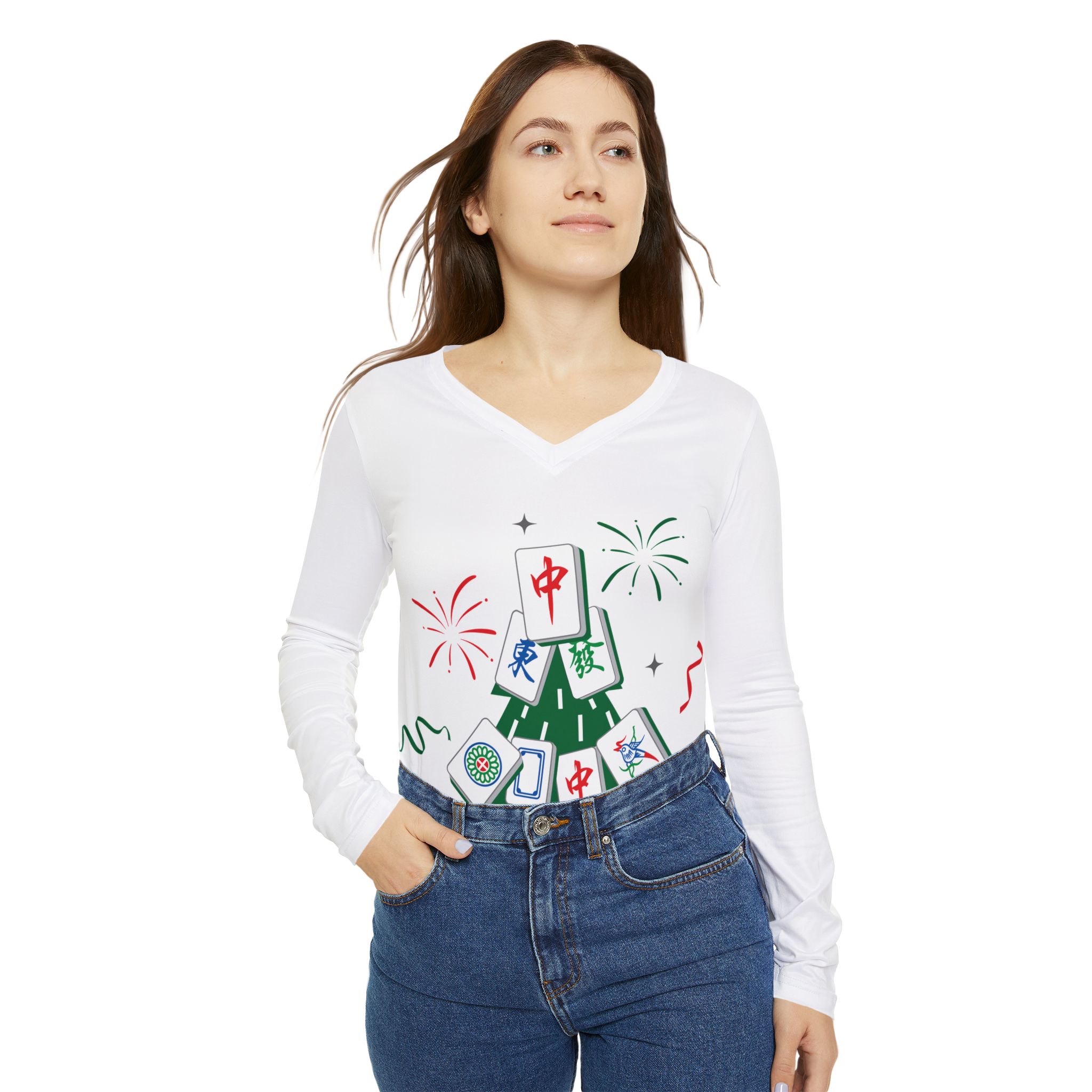 Mahjong Christmas Tree V-Neck Long Sleeve | Festive Mahjong Holiday Shirt for Game Lovers - Image 6