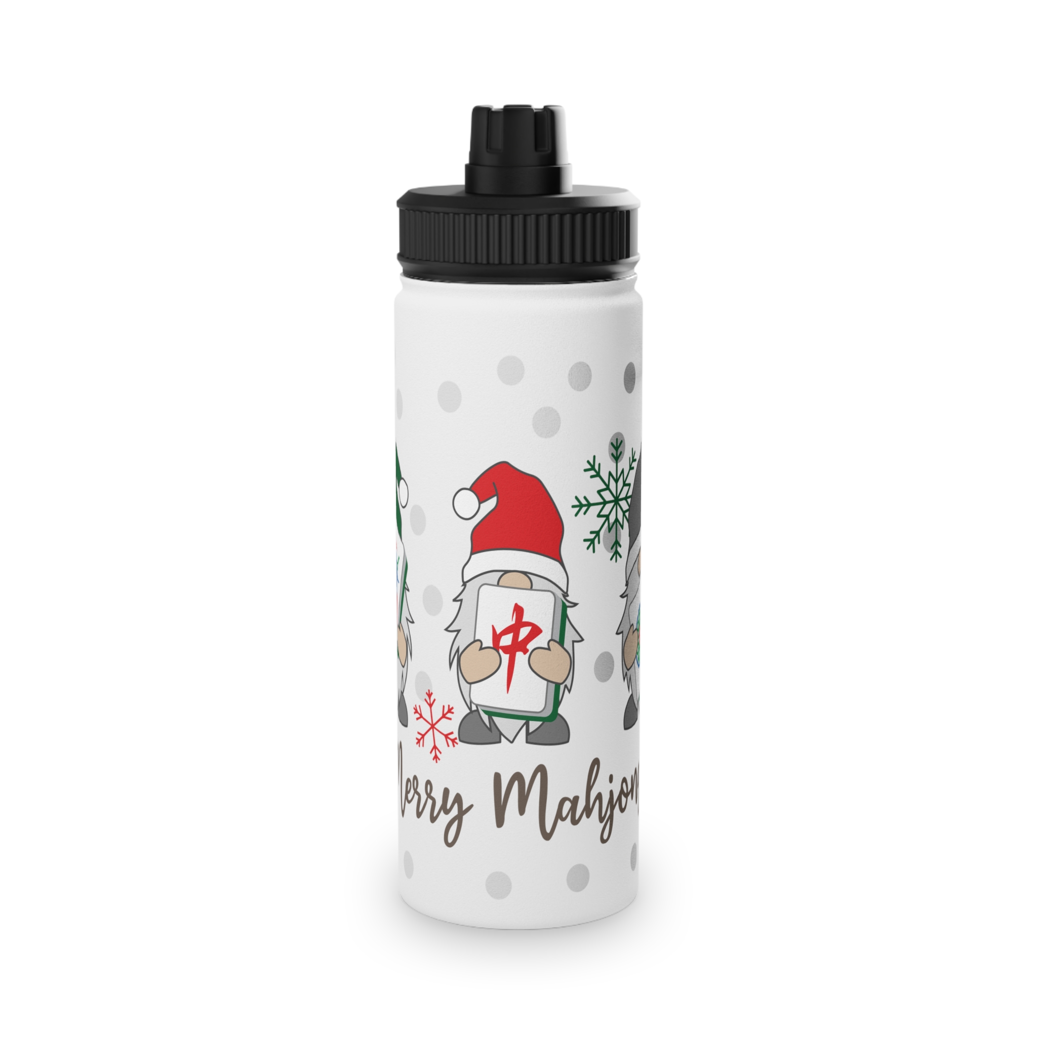 Merry Mahjong Stainless Steel Water Bottle | Holiday Gnome Sports Bottle - Image 5