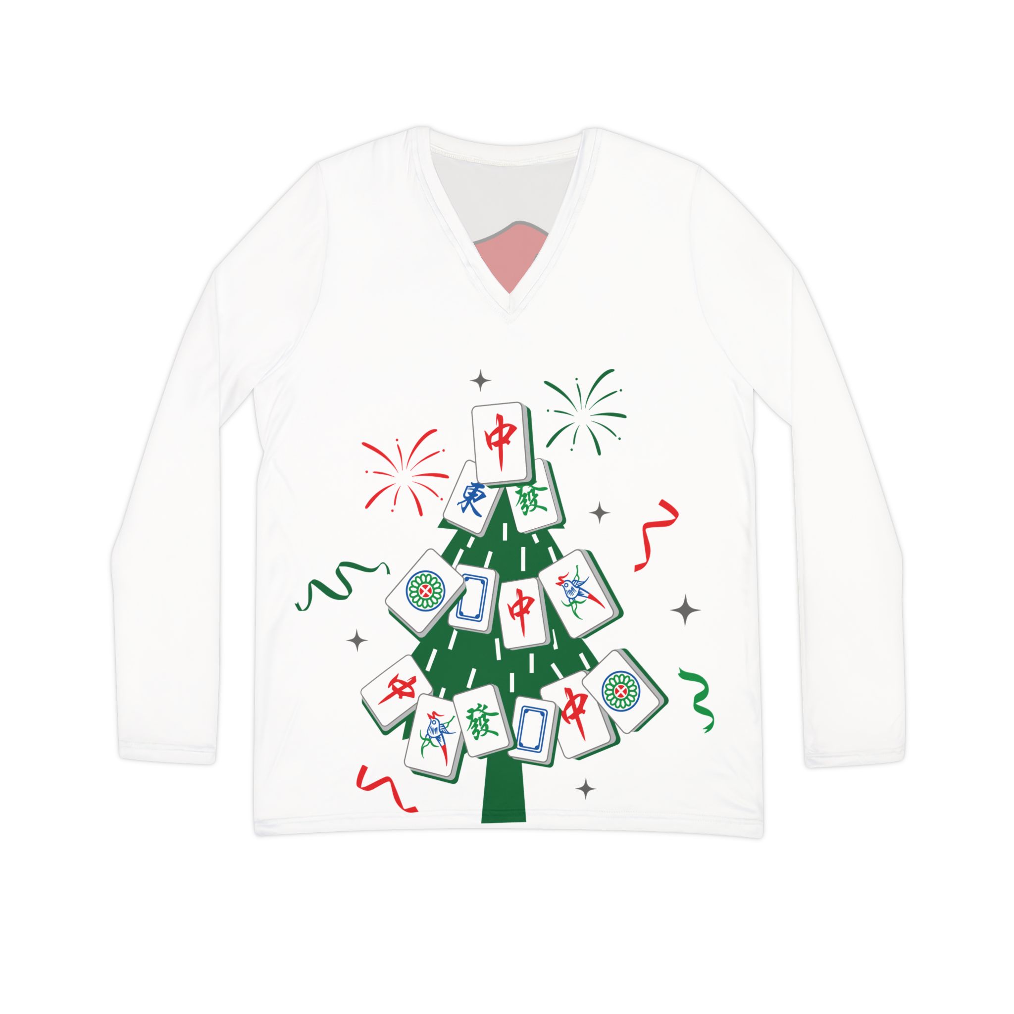 Mahjong Christmas Tree V-Neck Long Sleeve | Festive Mahjong Holiday Shirt for Game Lovers - Image 2