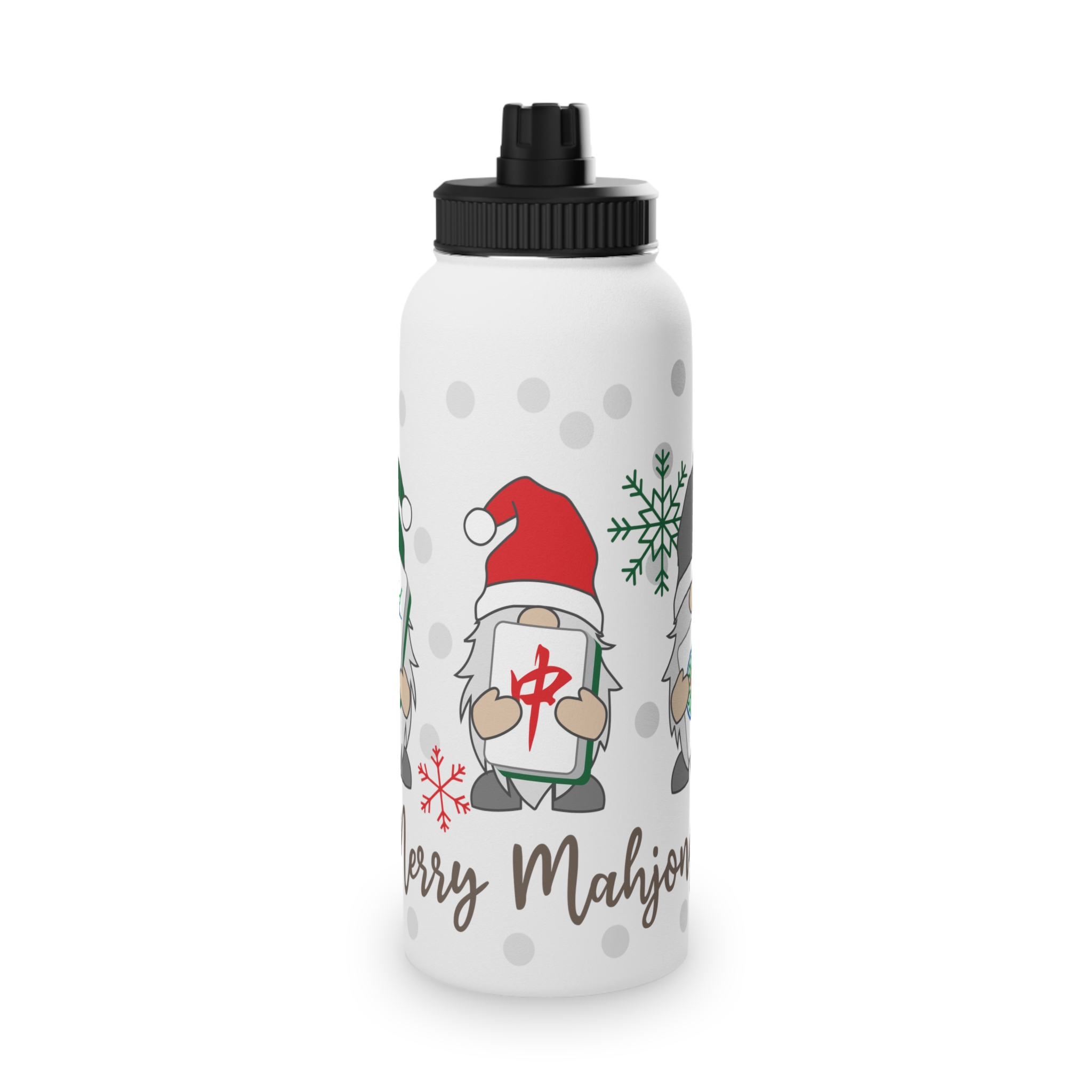 Merry Mahjong Stainless Steel Water Bottle | Holiday Gnome Sports Bottle - Image 9