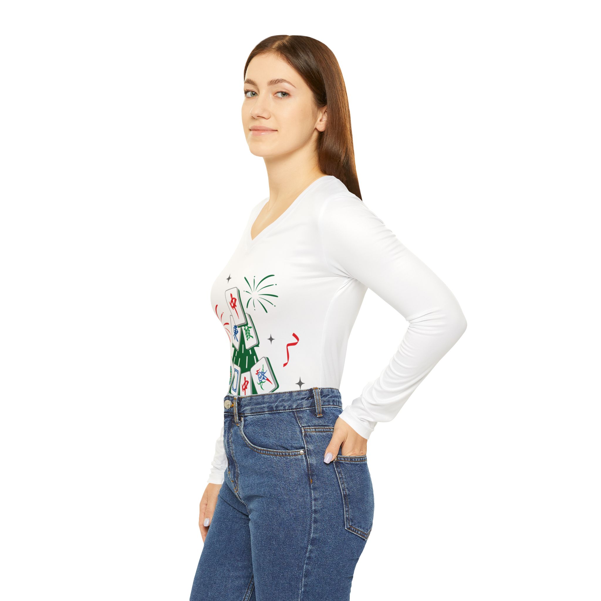 Mahjong Christmas Tree V-Neck Long Sleeve | Festive Mahjong Holiday Shirt for Game Lovers - Image 9
