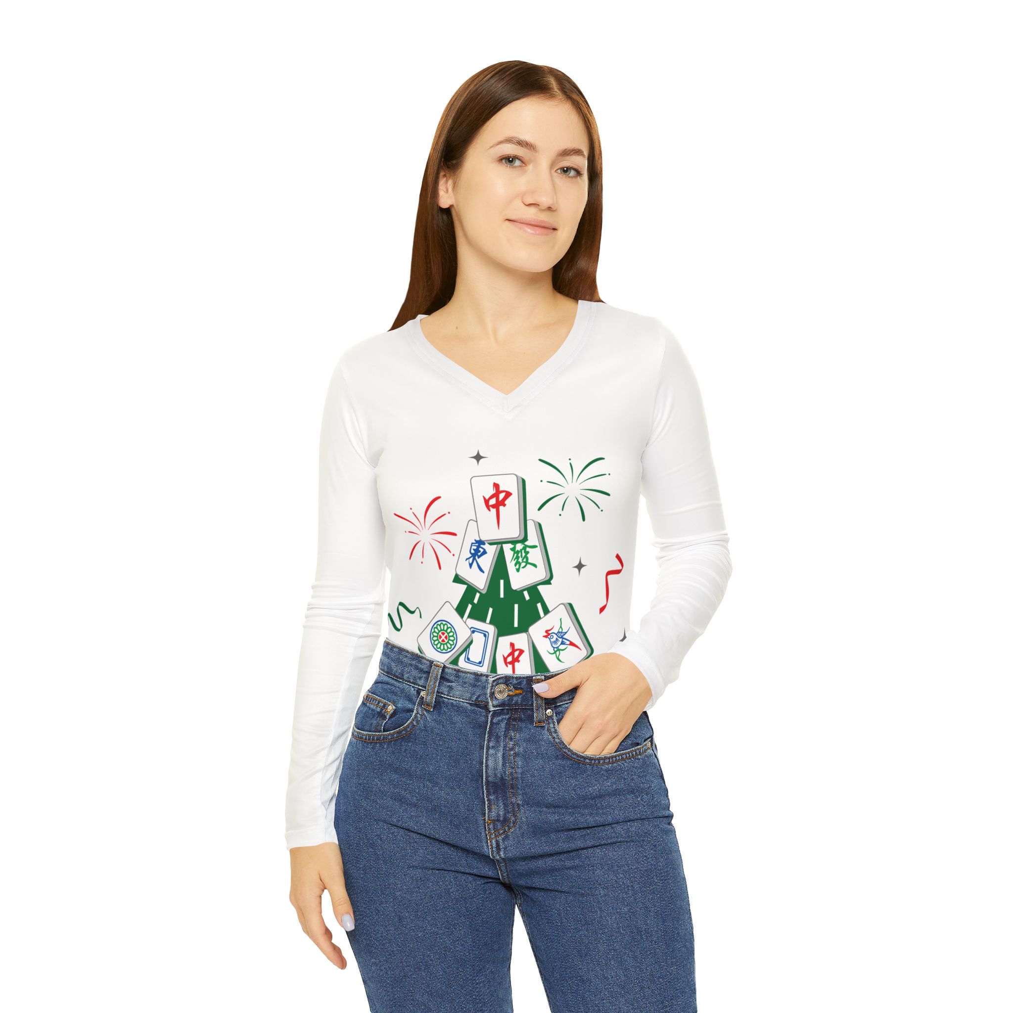 Mahjong Christmas Tree V-Neck Long Sleeve | Festive Mahjong Holiday Shirt for Game Lovers - Image 4