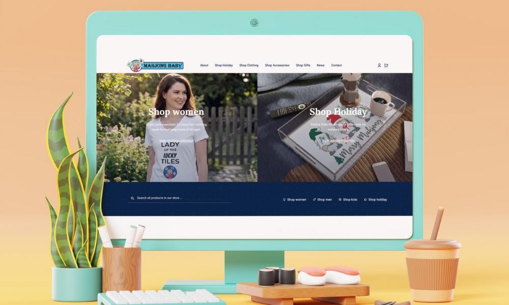 Mahjong Baby new website launch displayed on desktop computer highlighting modern mahjong culture, stylish mahjong apparel, and community-driven mahjong lifestyle brand