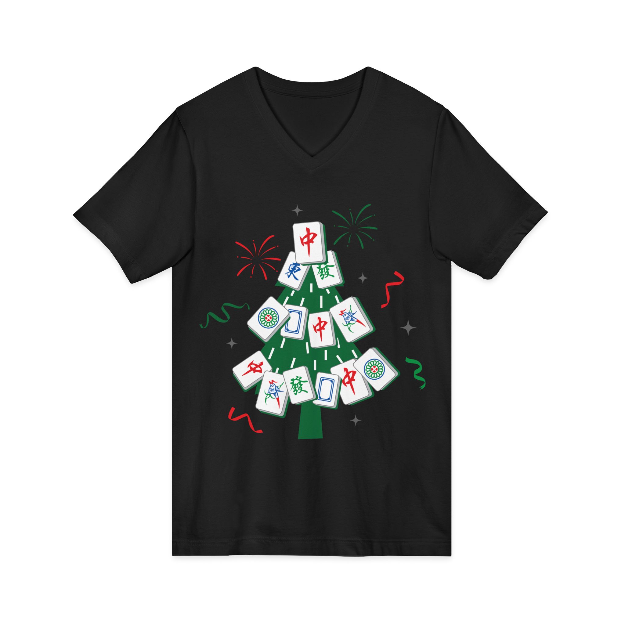 Merry Mahjong Christmas Tree V-Neck Tee | Festive Mahjong Tile Graphic Shirt for Game Lovers - Image 15