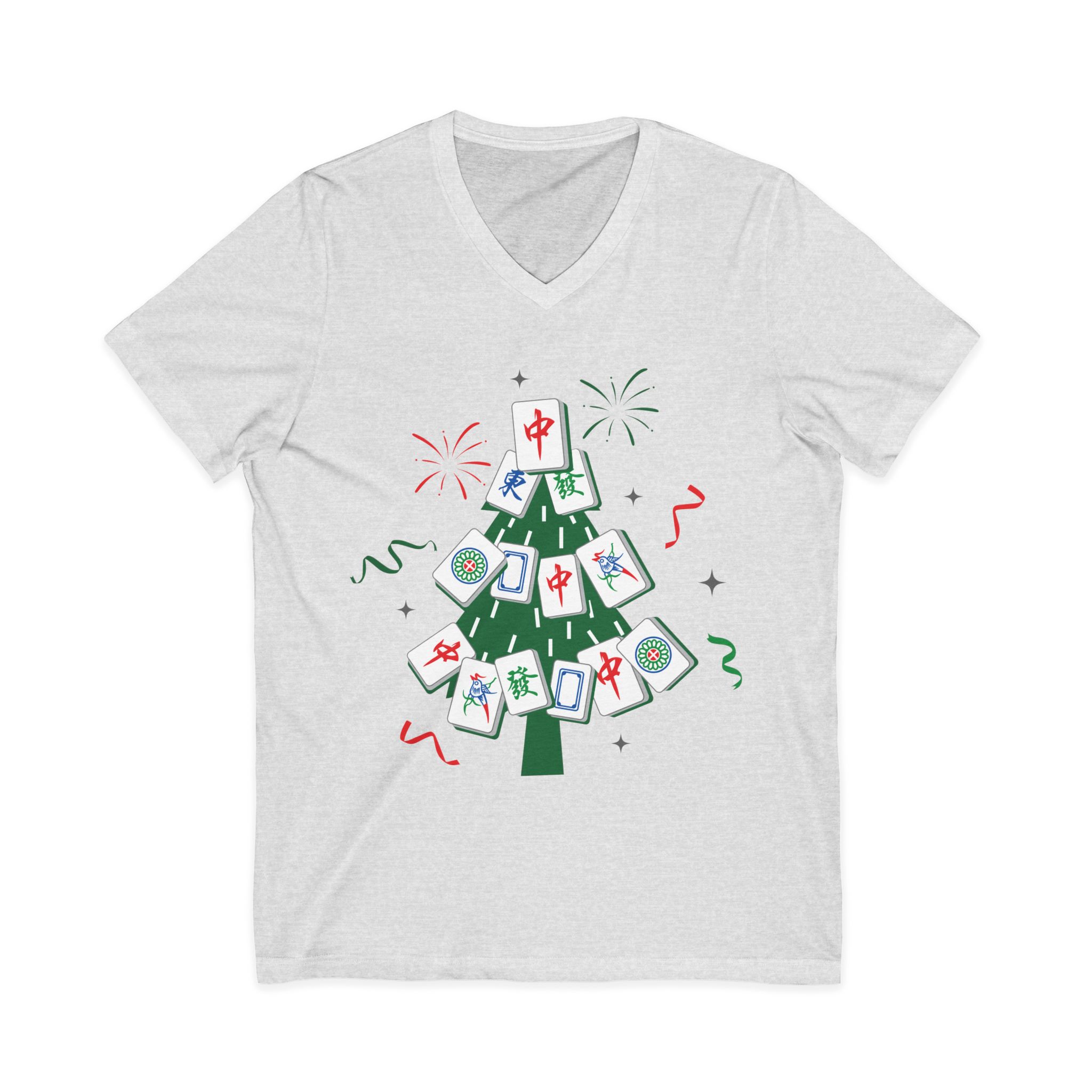 Merry Mahjong Christmas Tree V-Neck Tee | Festive Mahjong Tile Graphic Shirt for Game Lovers - Image 5