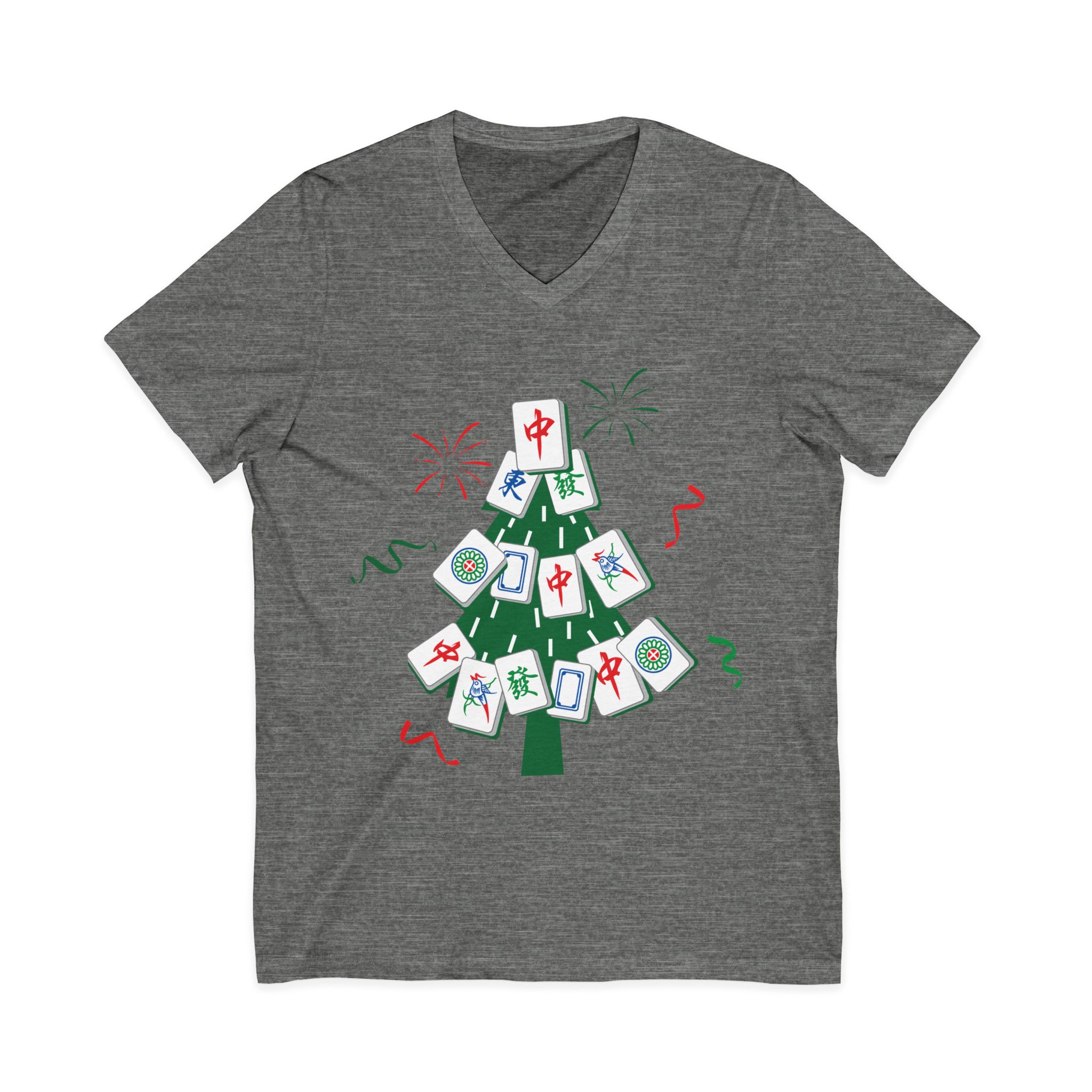 Merry Mahjong Christmas Tree V-Neck Tee | Festive Mahjong Tile Graphic Shirt for Game Lovers - Image 9