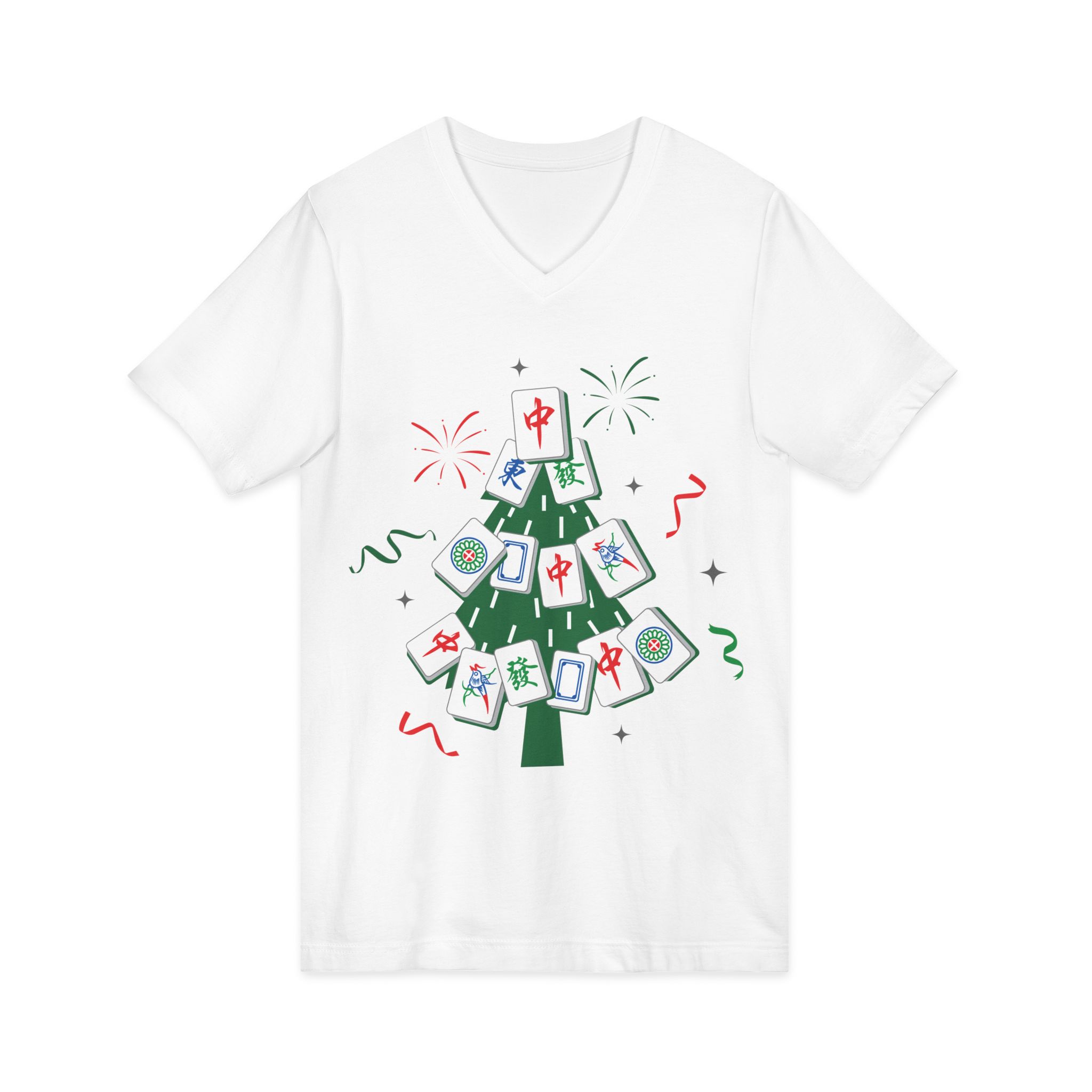 Merry Mahjong Christmas Tree V-Neck Tee | Festive Mahjong Tile Graphic Shirt for Game Lovers - Image 3