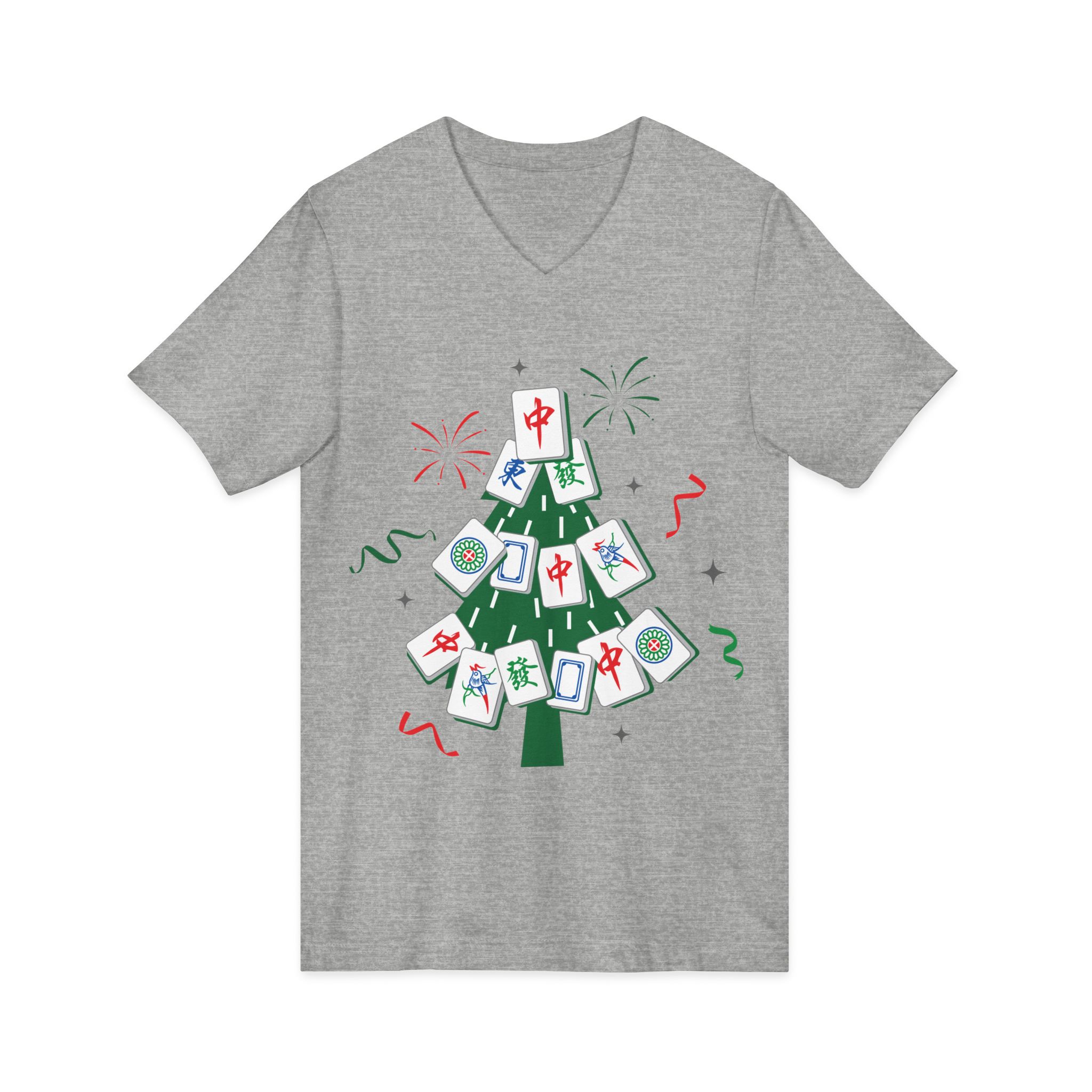 Merry Mahjong Christmas Tree V-Neck Tee | Festive Mahjong Tile Graphic Shirt for Game Lovers - Image 19