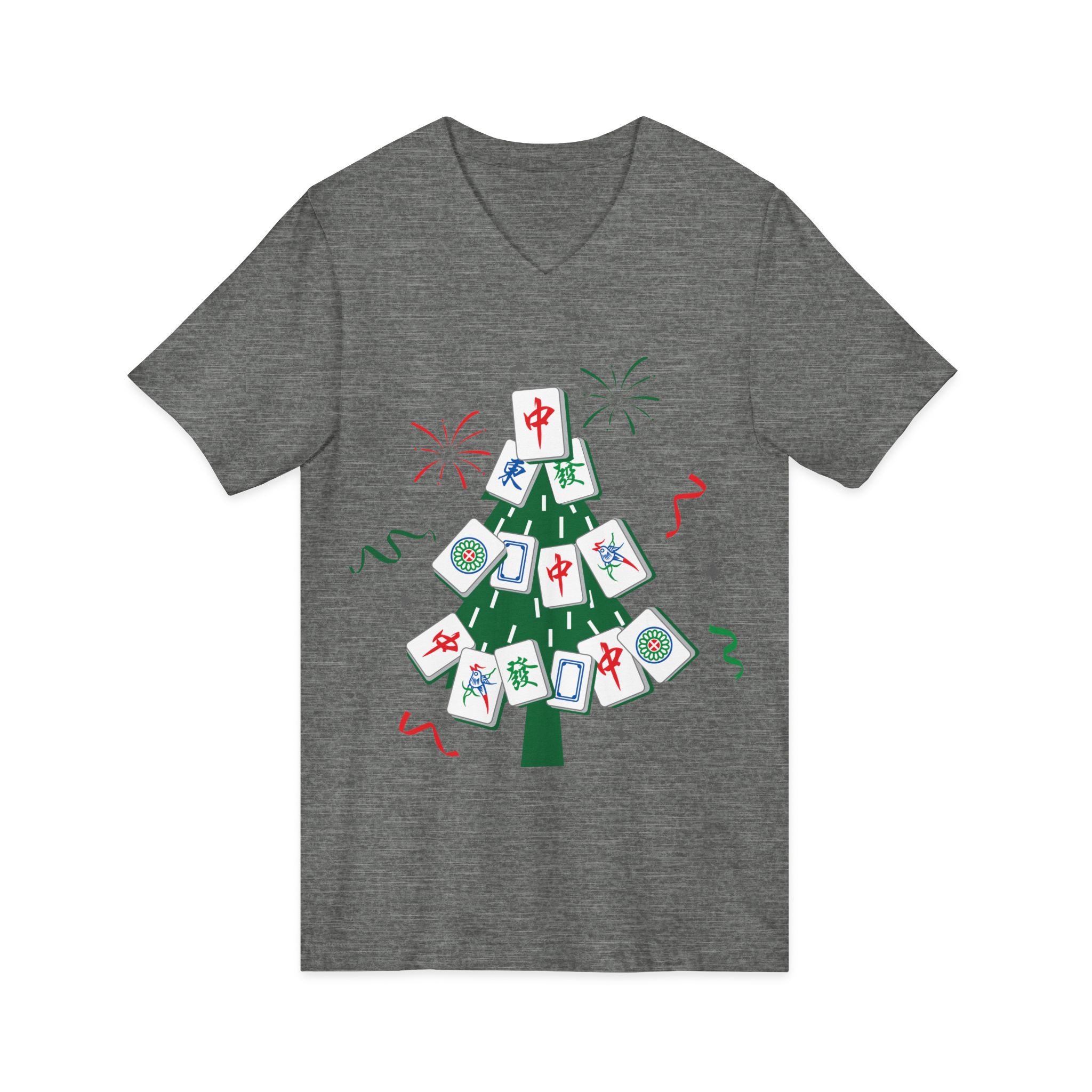 Merry Mahjong Christmas Tree V-Neck Tee | Festive Mahjong Tile Graphic Shirt for Game Lovers - Image 11