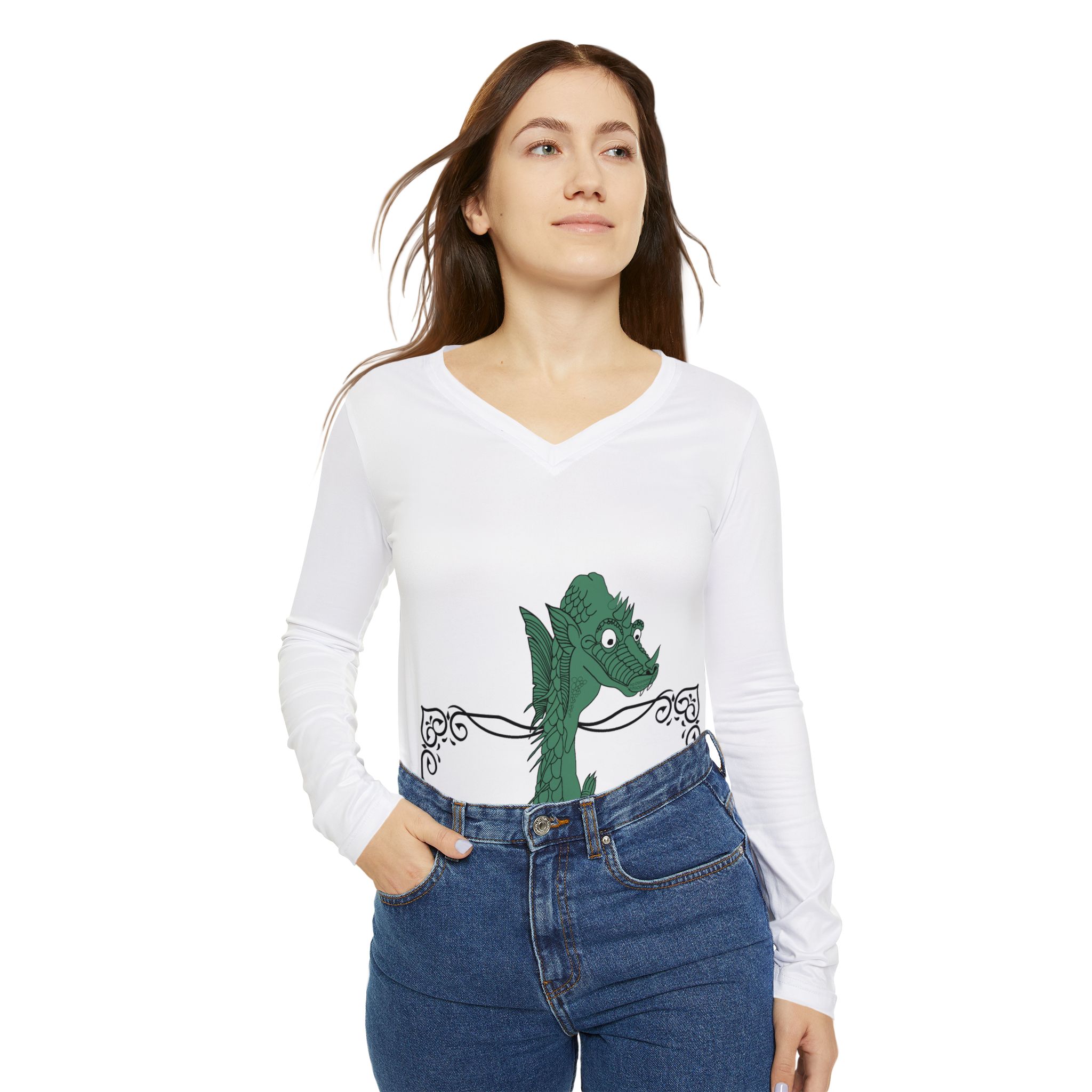 Soap Dragon Tree V-Neck Long Sleeve | Mahjong Baby Holiday Tile Graphic Tee - Image 6