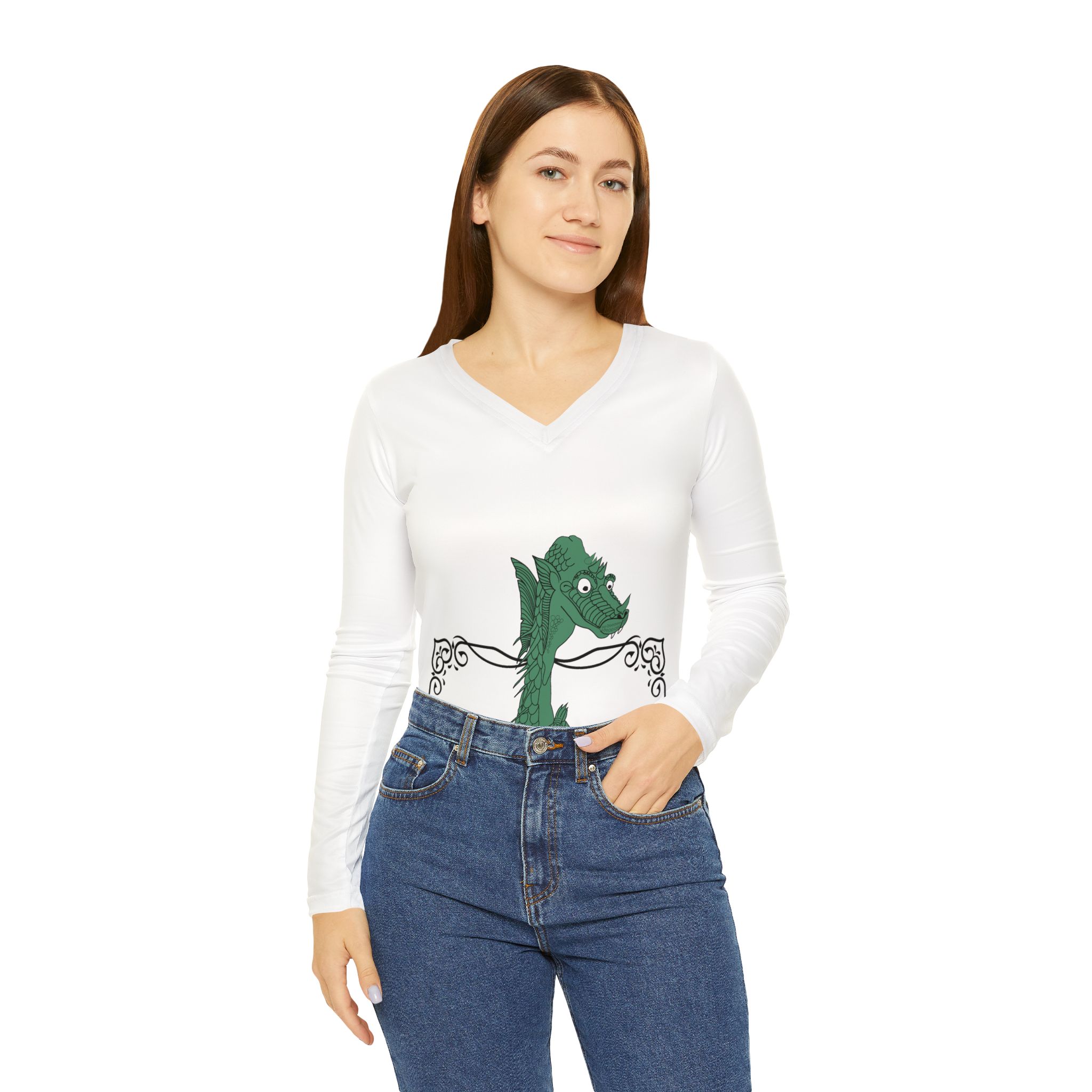 Soap Dragon Tree V-Neck Long Sleeve | Mahjong Baby Holiday Tile Graphic Tee - Image 4