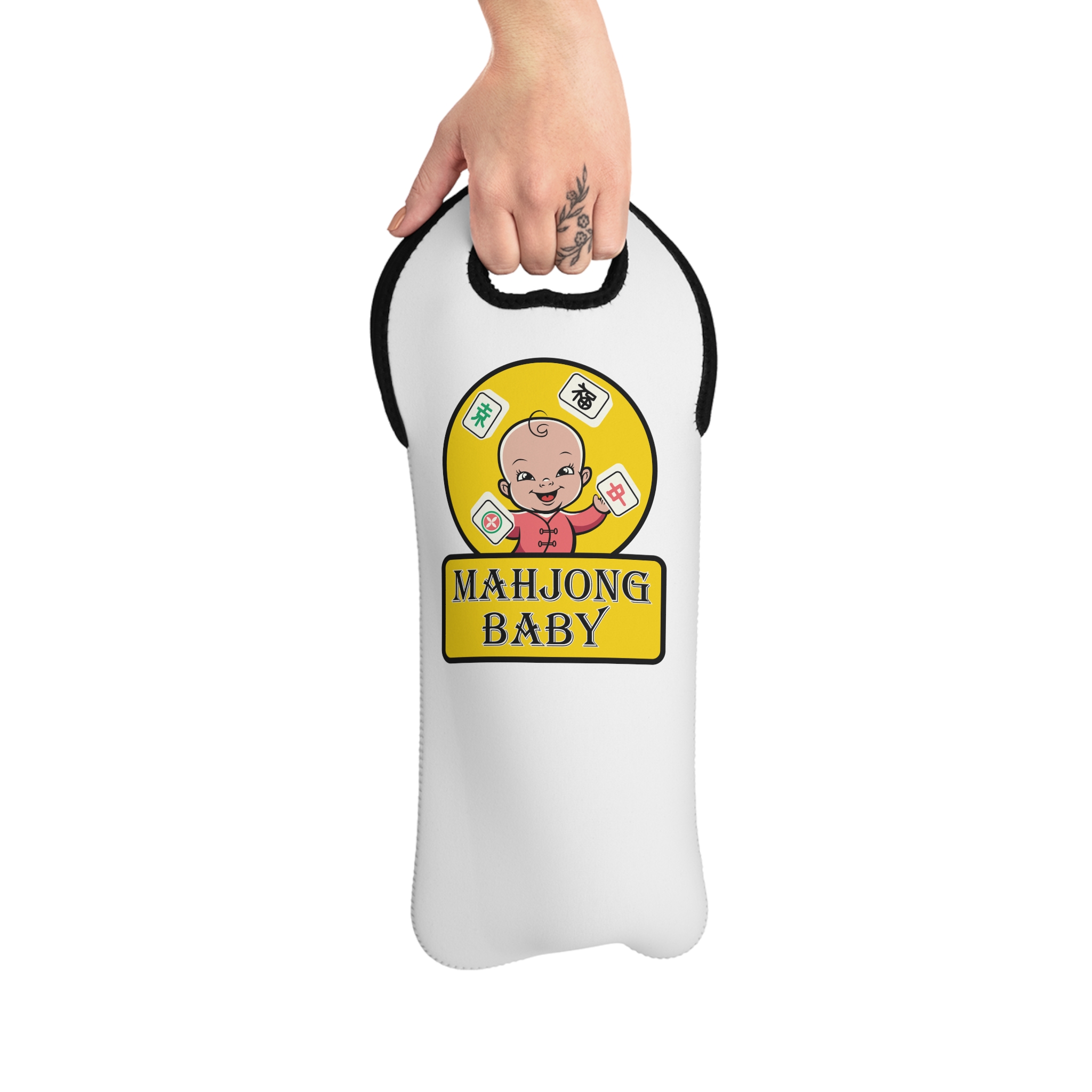 Mahjong Baby Wine Tote Bag | Yellow Mahjong Tile Neoprene Bottle Carrier - Image 3