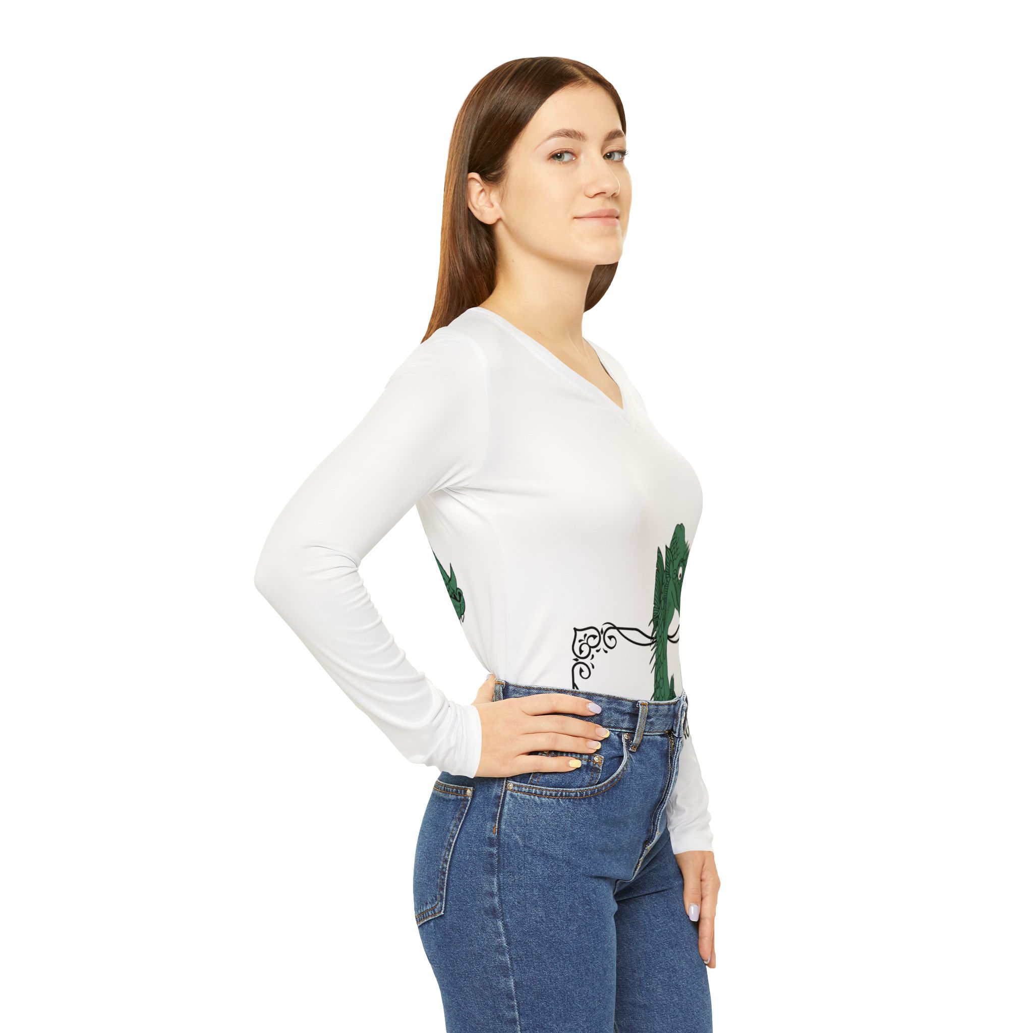 Soap Dragon Tree V-Neck Long Sleeve | Mahjong Baby Holiday Tile Graphic Tee - Image 7