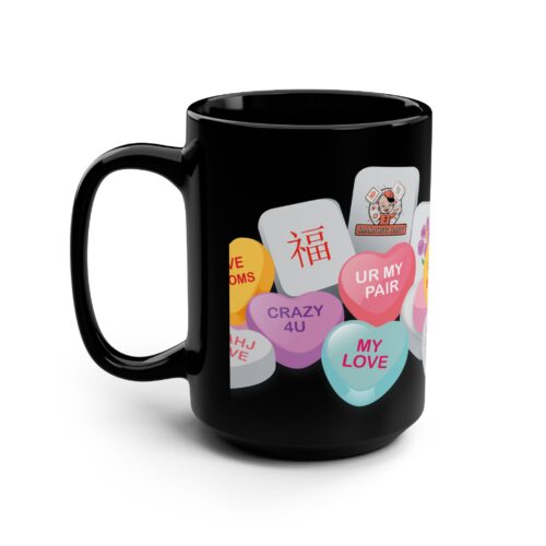 Valentine Conversation Hearts Black 15oz Mug — Cute 'My Love' & 'UR My Pair' Coffee Cup