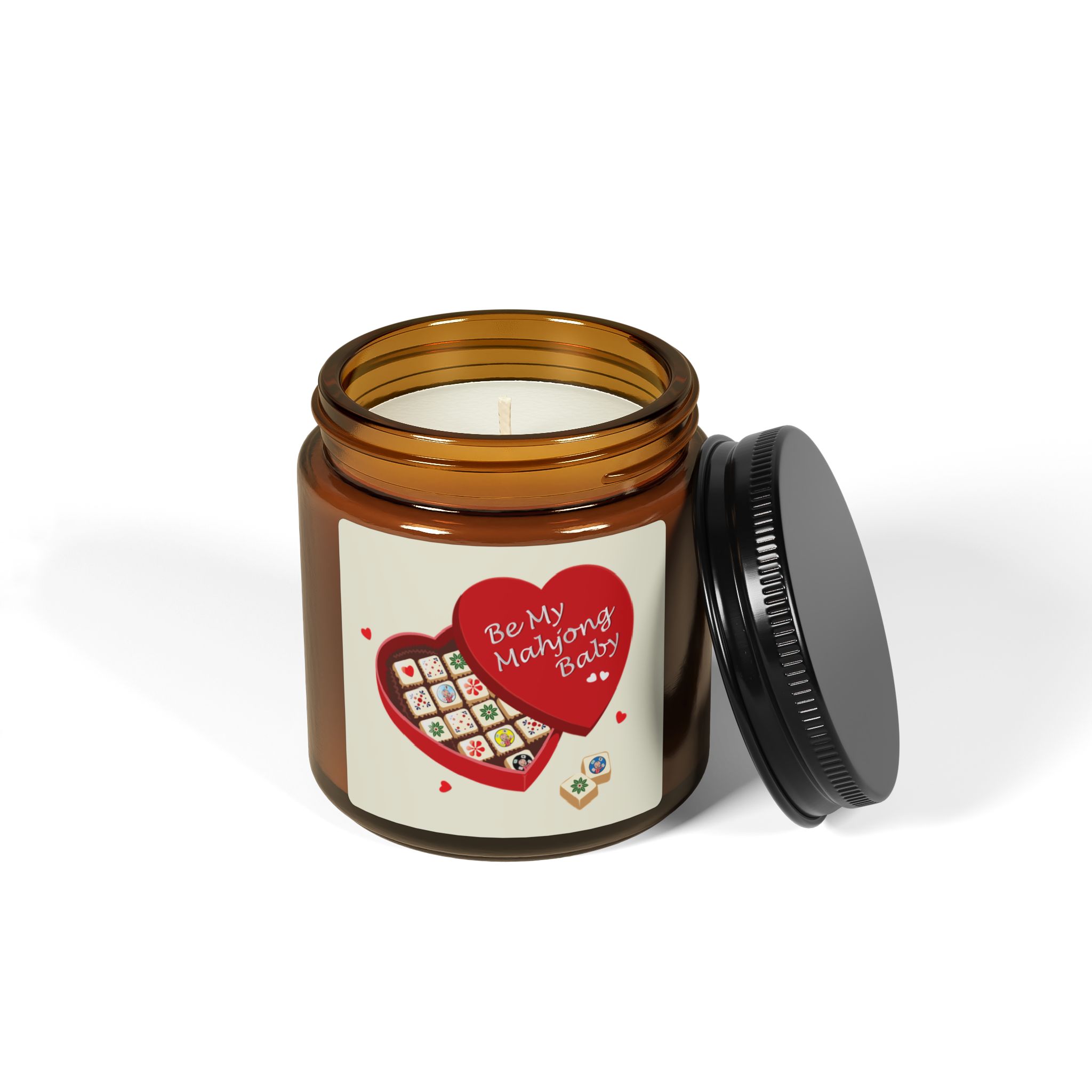 Valentine Candy Heart Scented Soy Candle — ‘Be My Mahjong Baby’ Amber Jar - Image 2