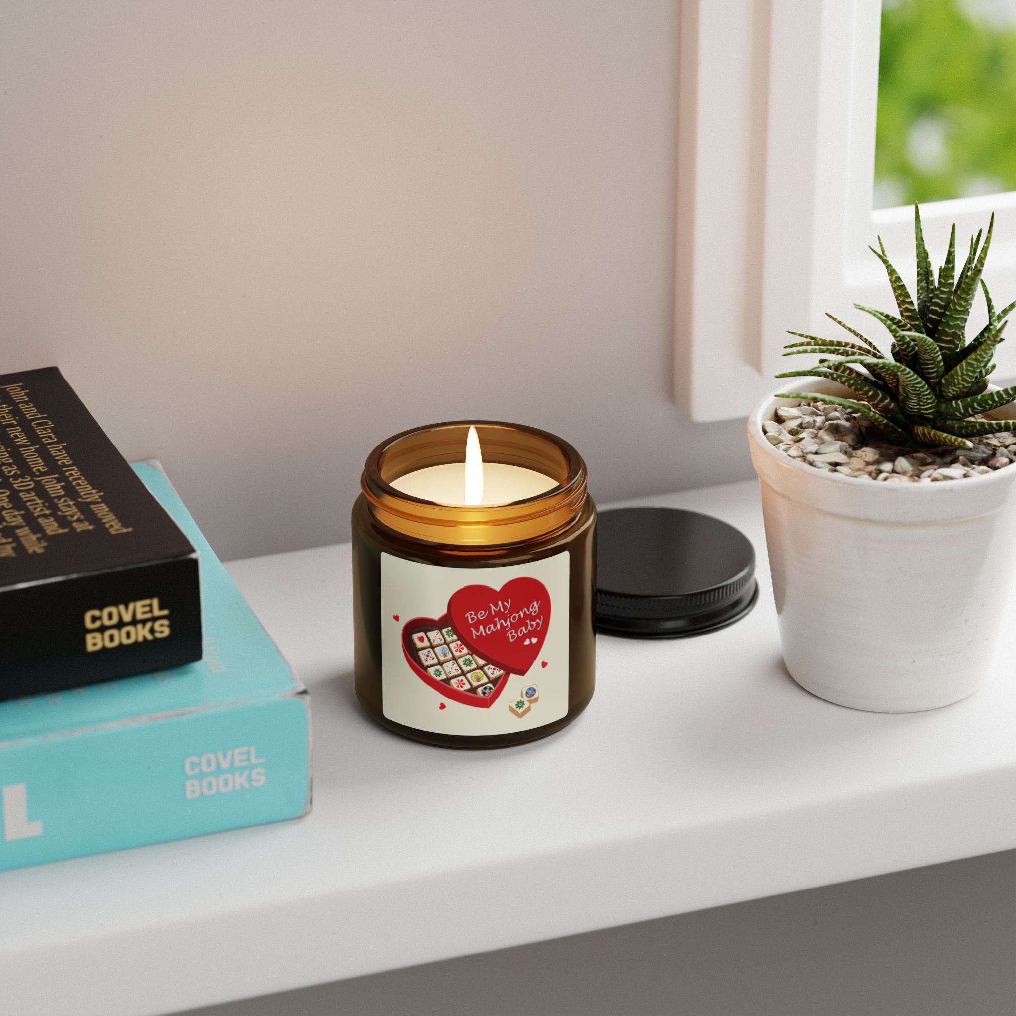 Valentine Candy Heart Scented Soy Candle — ‘Be My Mahjong Baby’ Amber Jar - Image 4