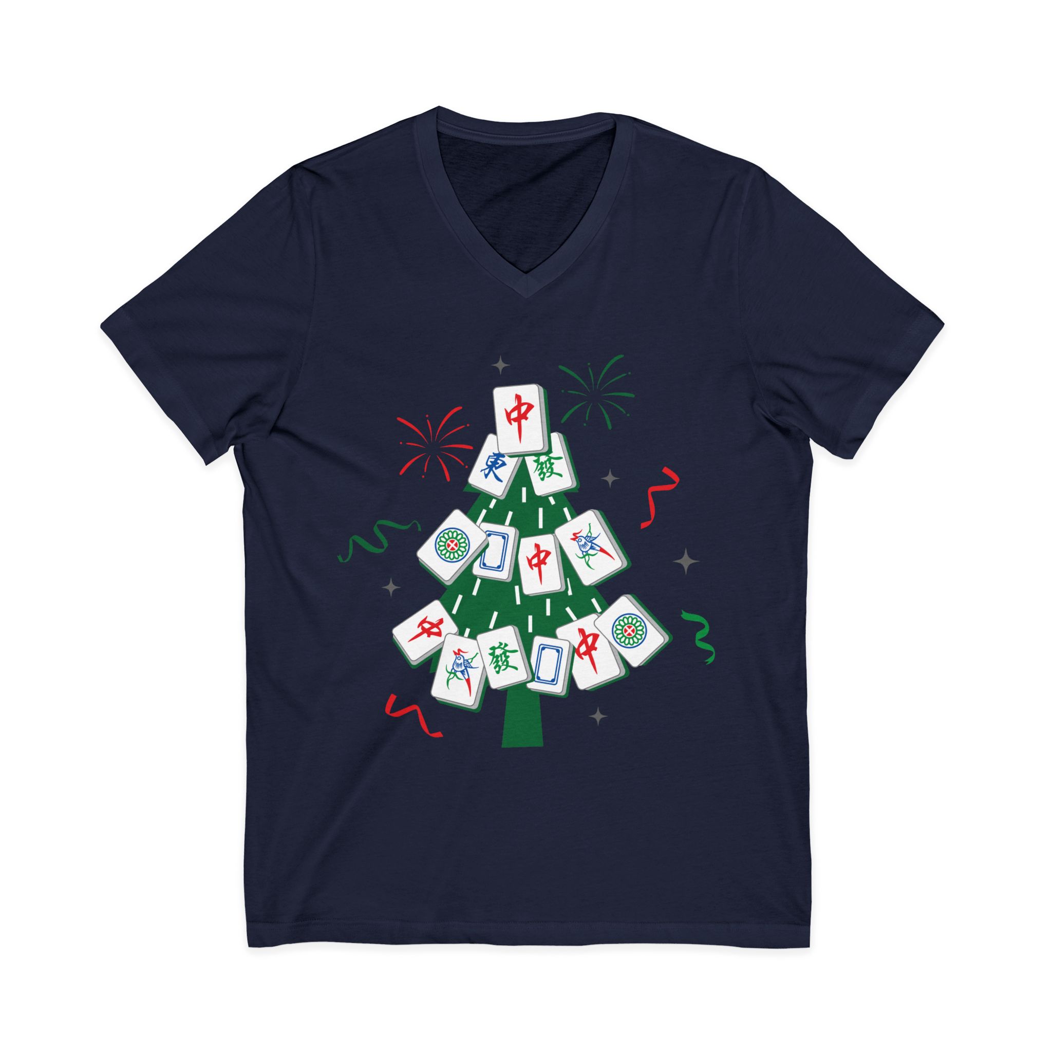 Merry Mahjong Christmas Tree V-Neck Tee | Festive Mahjong Tile Graphic Shirt for Game Lovers - Image 37