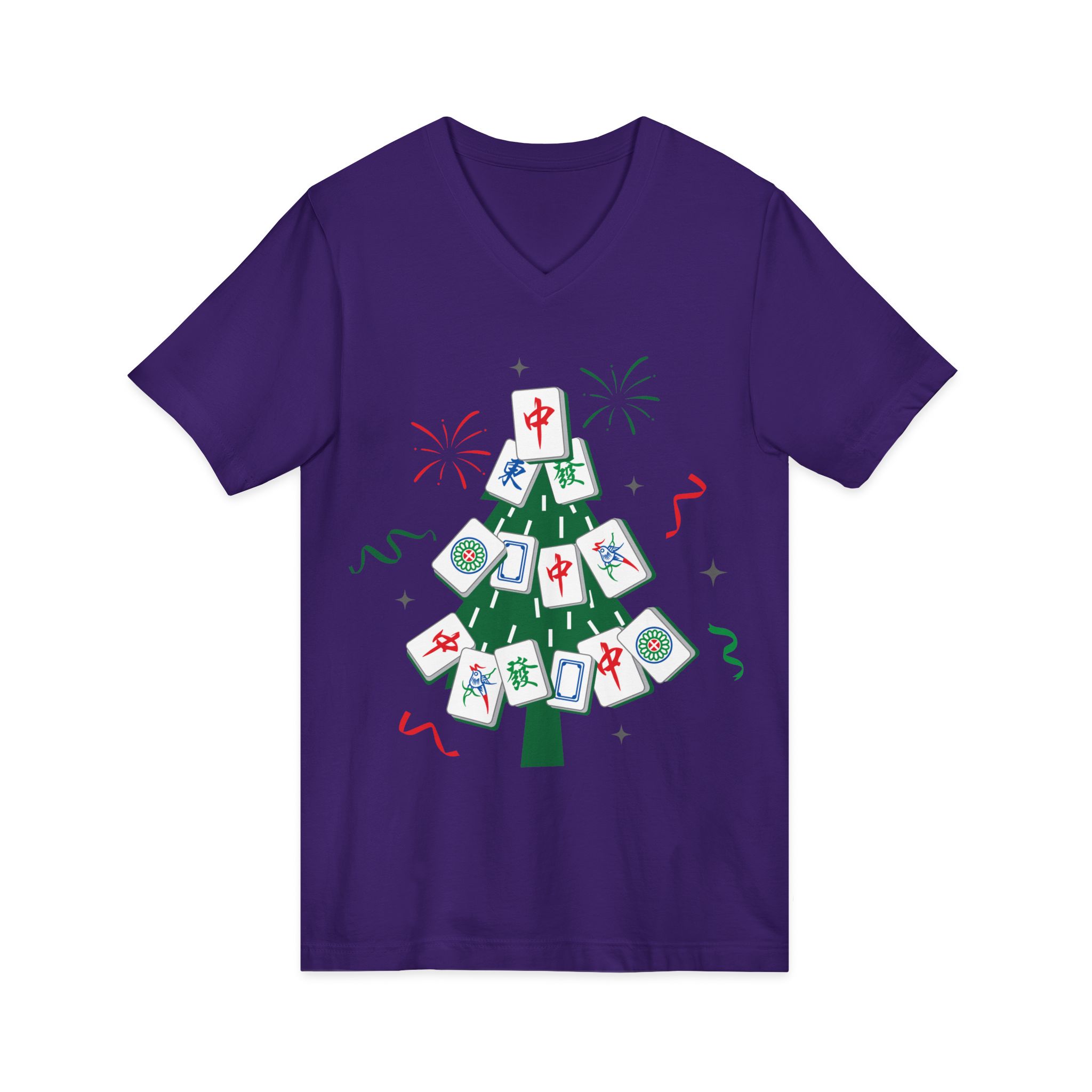 Merry Mahjong Christmas Tree V-Neck Tee | Festive Mahjong Tile Graphic Shirt for Game Lovers - Image 43