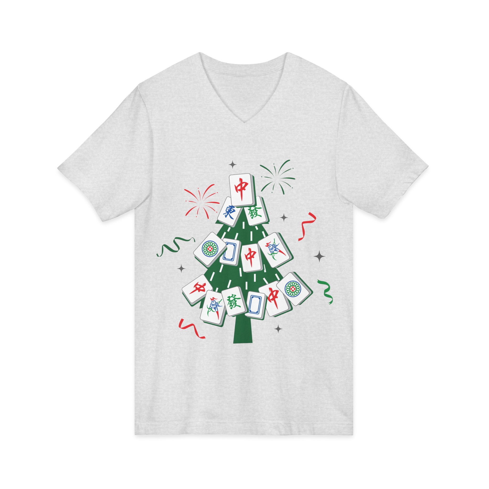Merry Mahjong Christmas Tree V-Neck Tee | Festive Mahjong Tile Graphic Shirt for Game Lovers - Image 7
