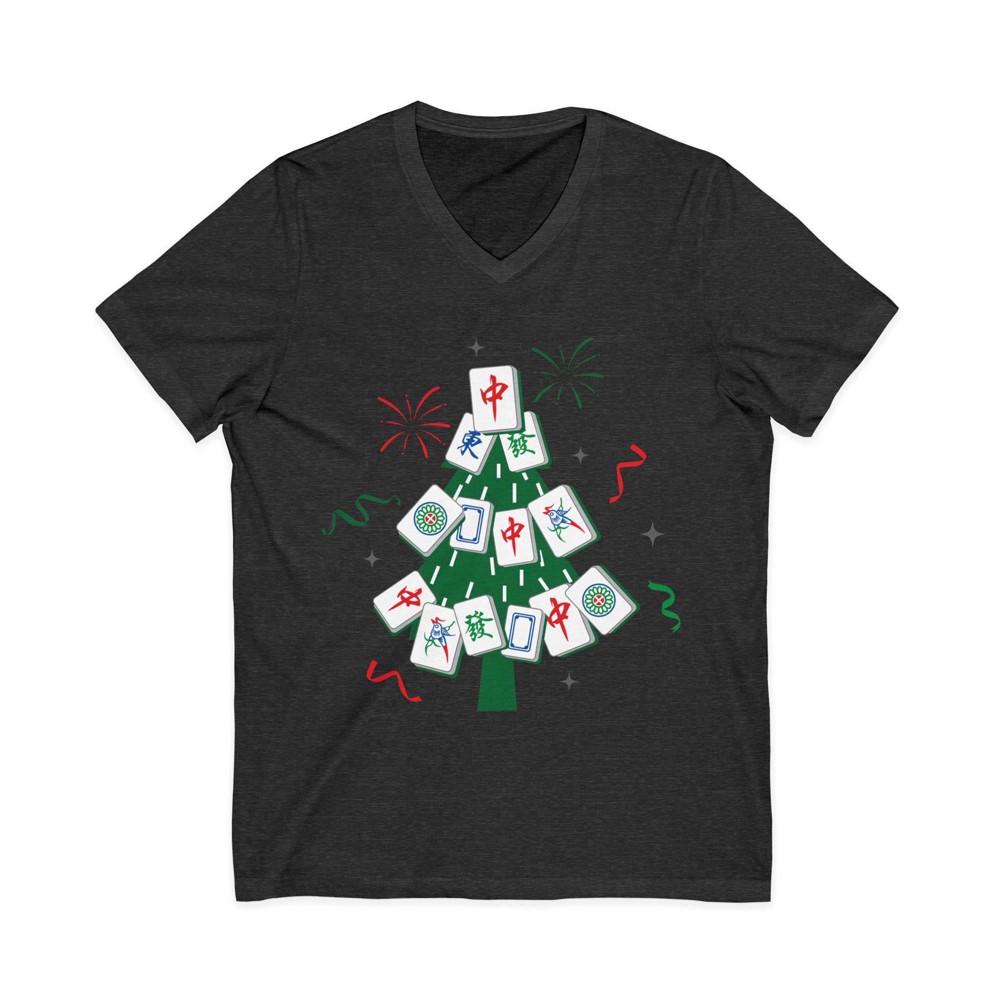 Merry Mahjong Christmas Tree V-Neck Tee | Festive Mahjong Tile Graphic Shirt for Game Lovers - Image 33