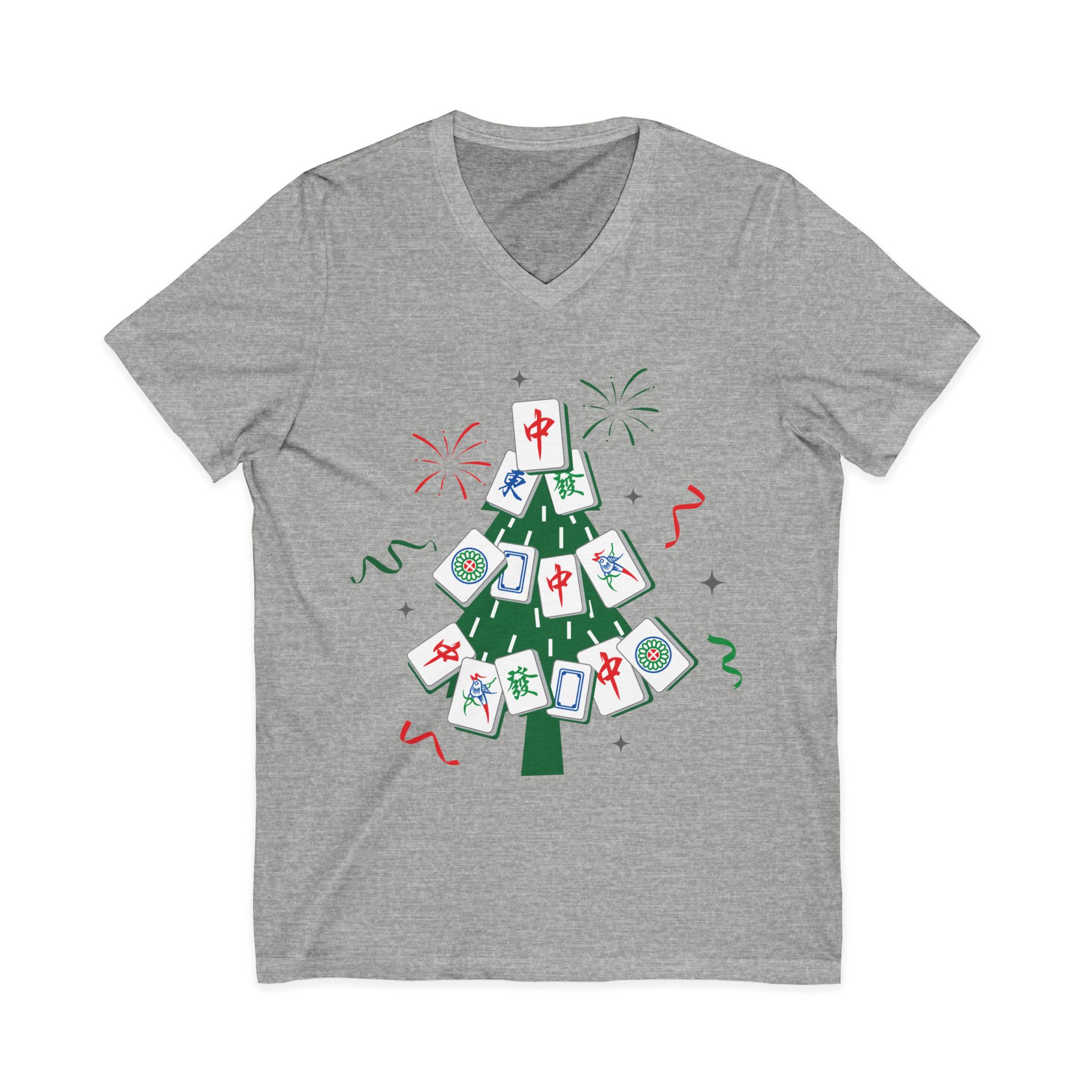 Merry Mahjong Christmas Tree V-Neck Tee | Festive Mahjong Tile Graphic Shirt for Game Lovers - Image 17
