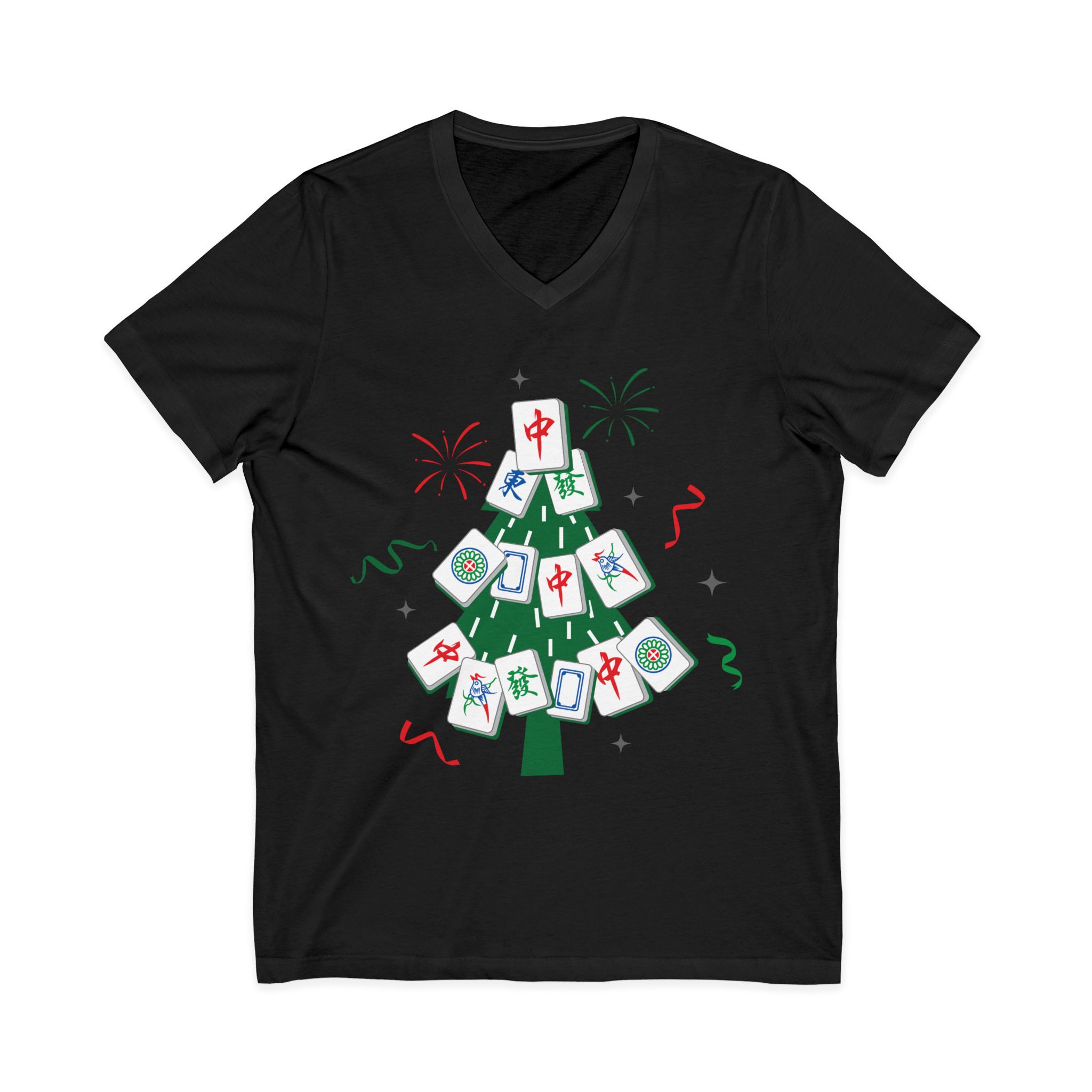 Merry Mahjong Christmas Tree V-Neck Tee | Festive Mahjong Tile Graphic Shirt for Game Lovers - Image 13