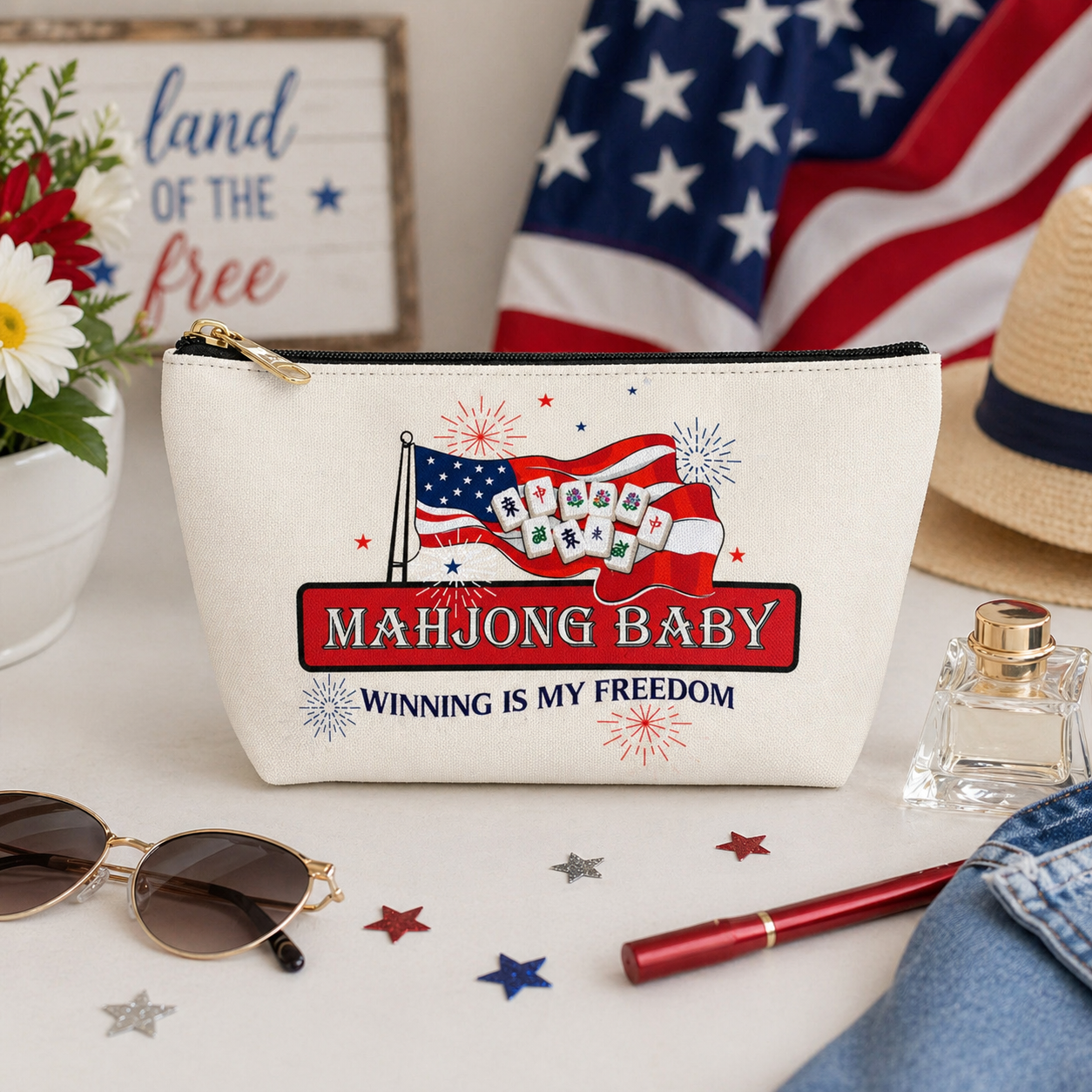 4th of July Mahjong Baby accessory pouch on table with sunglasses and perfume, patriotic coin bag with mahjong tile design for travel and daily use