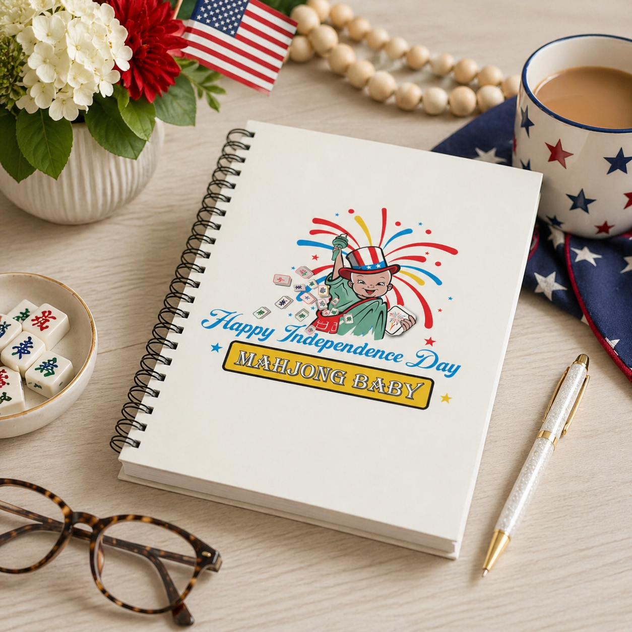 4th of July Mahjong Baby spiral notebook on desk with mahjong tiles and coffee, patriotic journal for score tracking and notes
