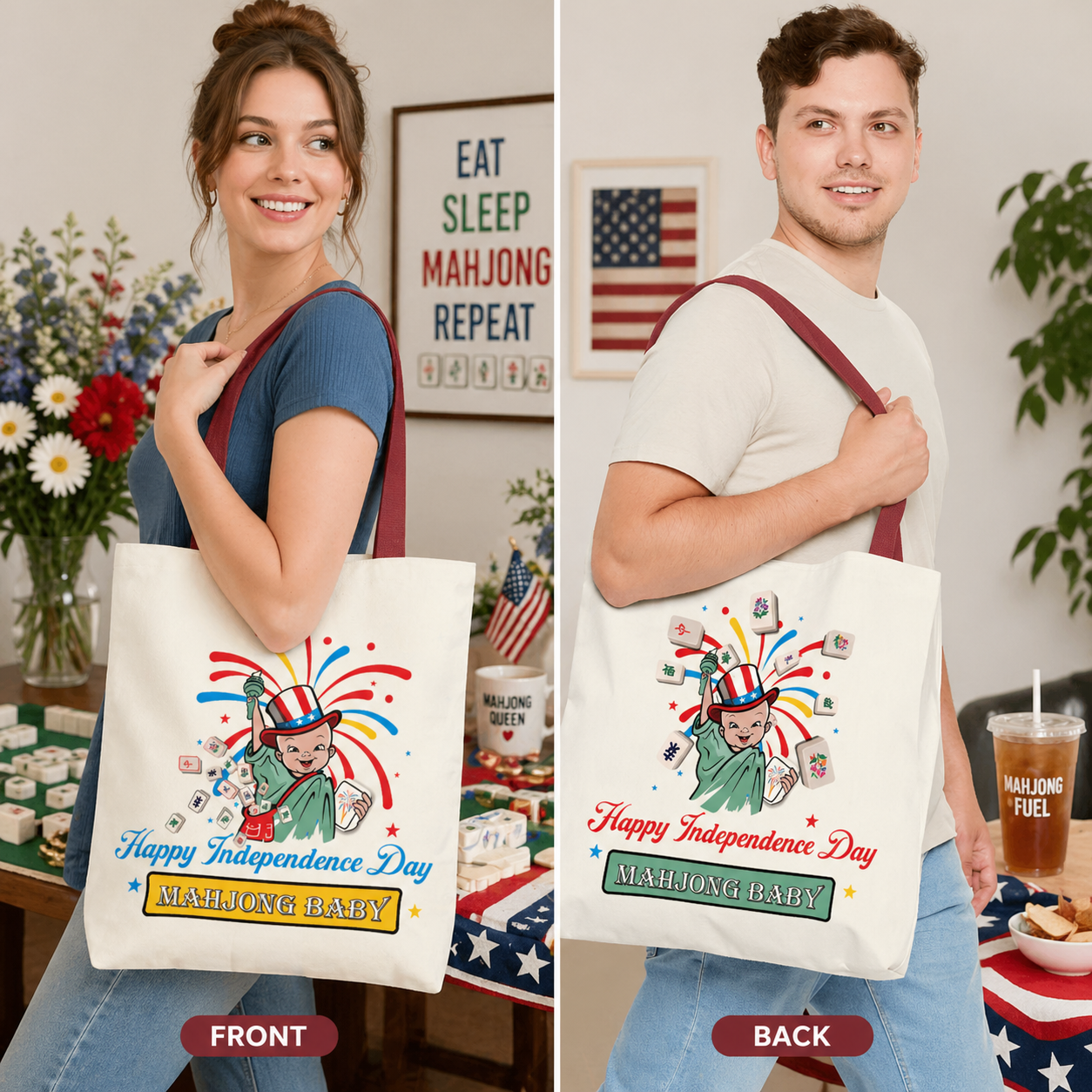 Patriotic mahjong tote bag with Lady Liberty fireworks design shown in lifestyle use, front and alternate view with Mahjong tiles and 4th of July theme, Mahjong Baby brand
