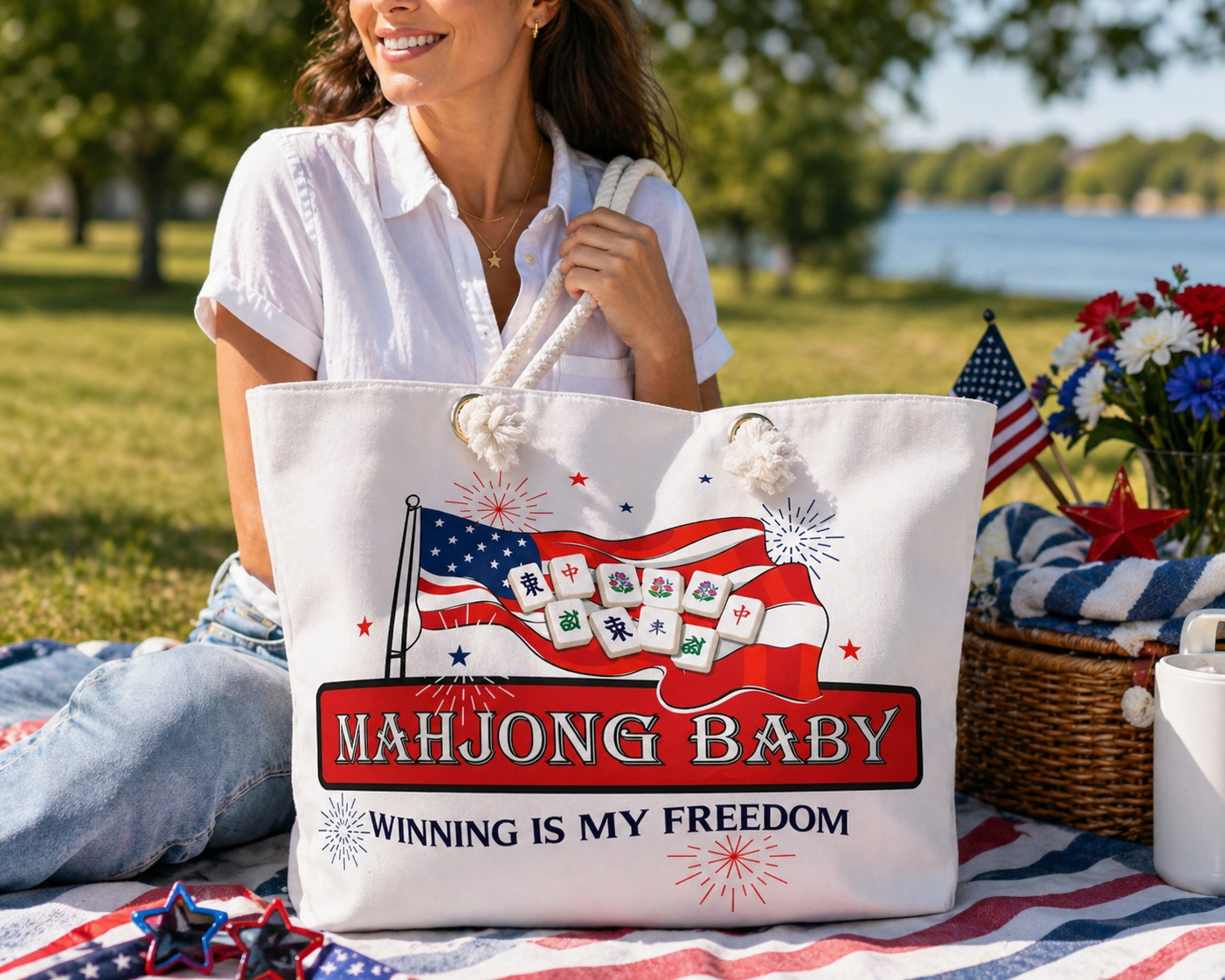 Mahjong Baby 4th of July weekender bag with patriotic mahjong tile design, large travel tote carried outdoors for picnic and beach day