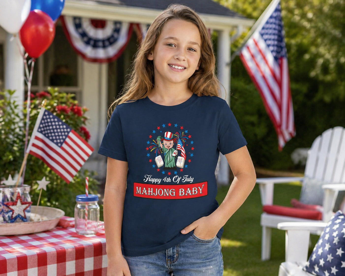 4th of July Mahjong Baby youth tee worn by child outdoors, patriotic kids mahjong shirt with Uncle Sam design, Independence Day outfit