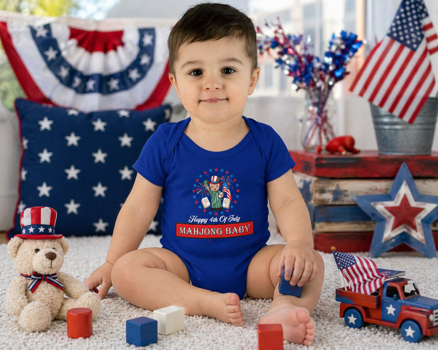 Mahjong Baby 4th of July baby onesie worn by infant with American flag decor, patriotic mahjong outfit with Lady Liberty design, Independence Day baby apparel