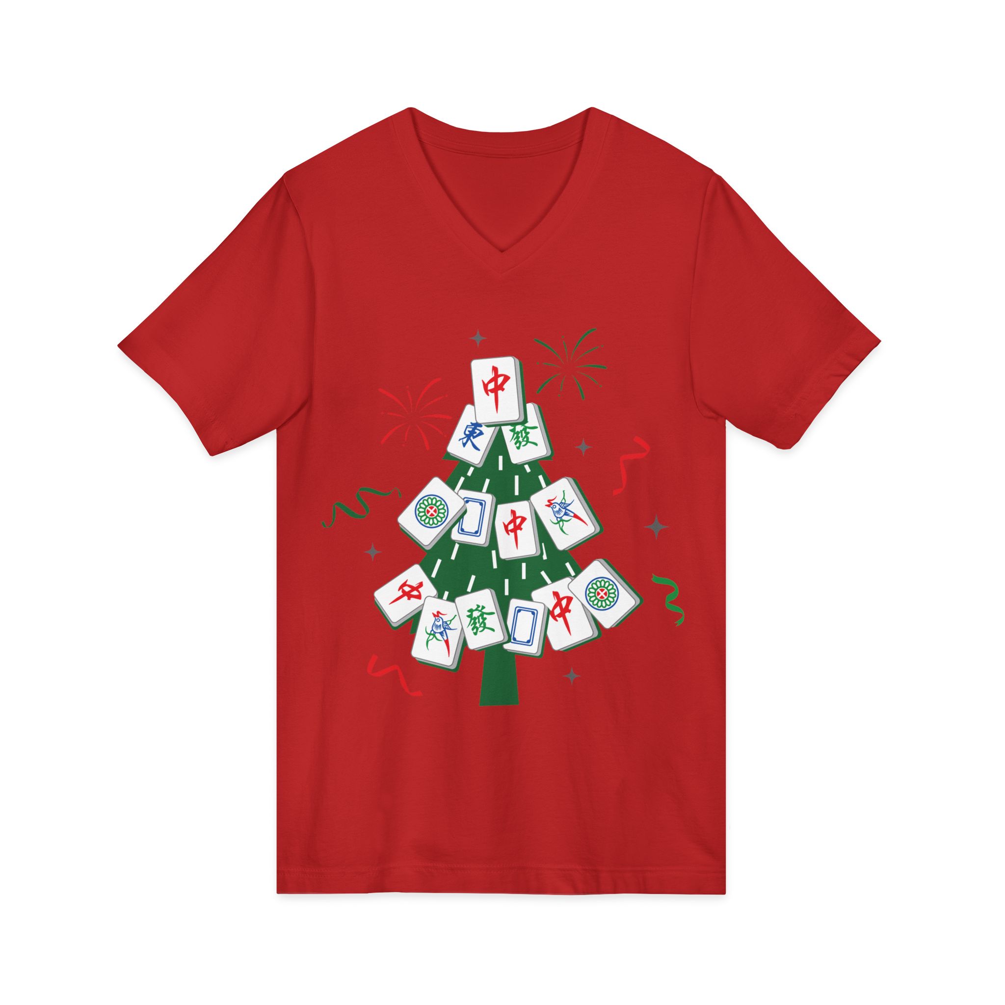 Merry Mahjong Christmas Tree V-Neck Tee | Festive Mahjong Tile Graphic Shirt for Game Lovers - Image 47