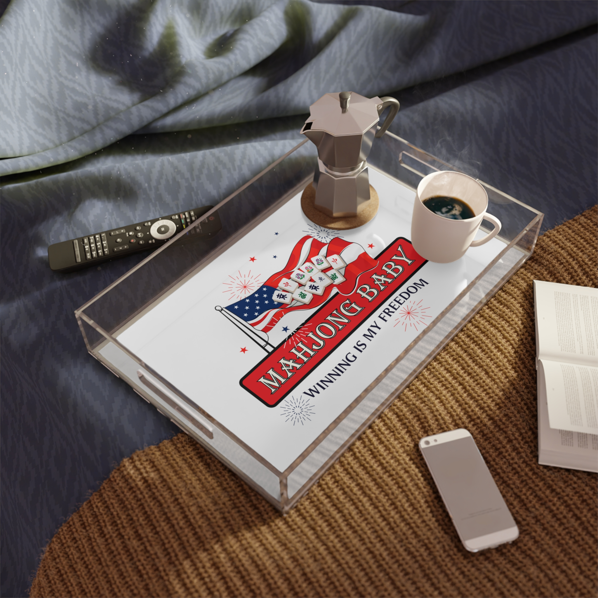 4th of july mahjong tray with patriotic Mahjong Baby design on acrylic serving tray, coffee table setup with espresso maker and cup lifestyle scene