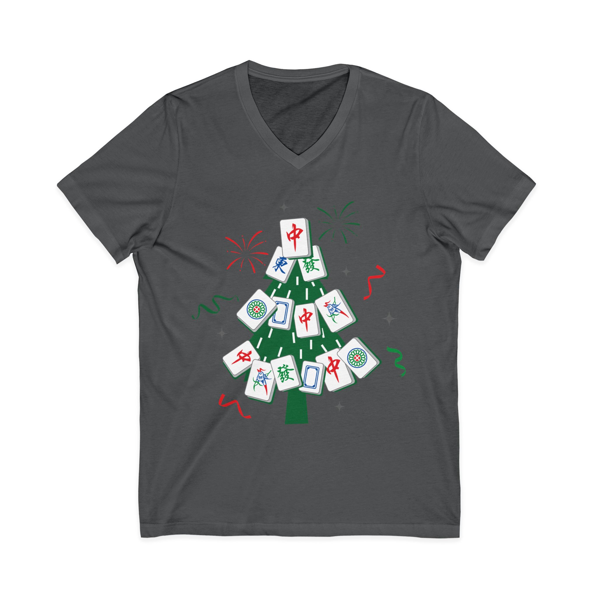 Merry Mahjong Christmas Tree V-Neck Tee | Festive Mahjong Tile Graphic Shirt for Game Lovers - Image 29