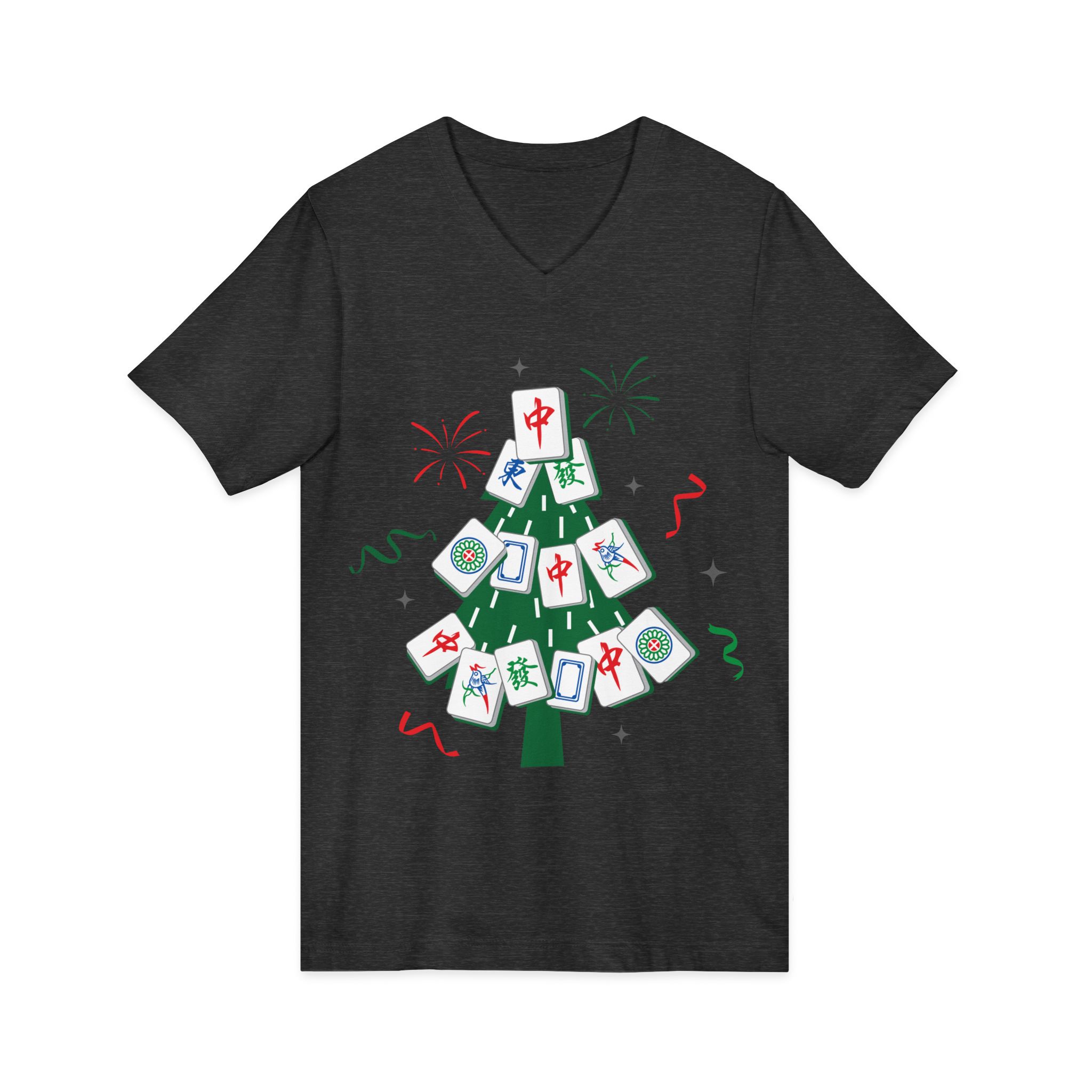 Merry Mahjong Christmas Tree V-Neck Tee | Festive Mahjong Tile Graphic Shirt for Game Lovers - Image 35