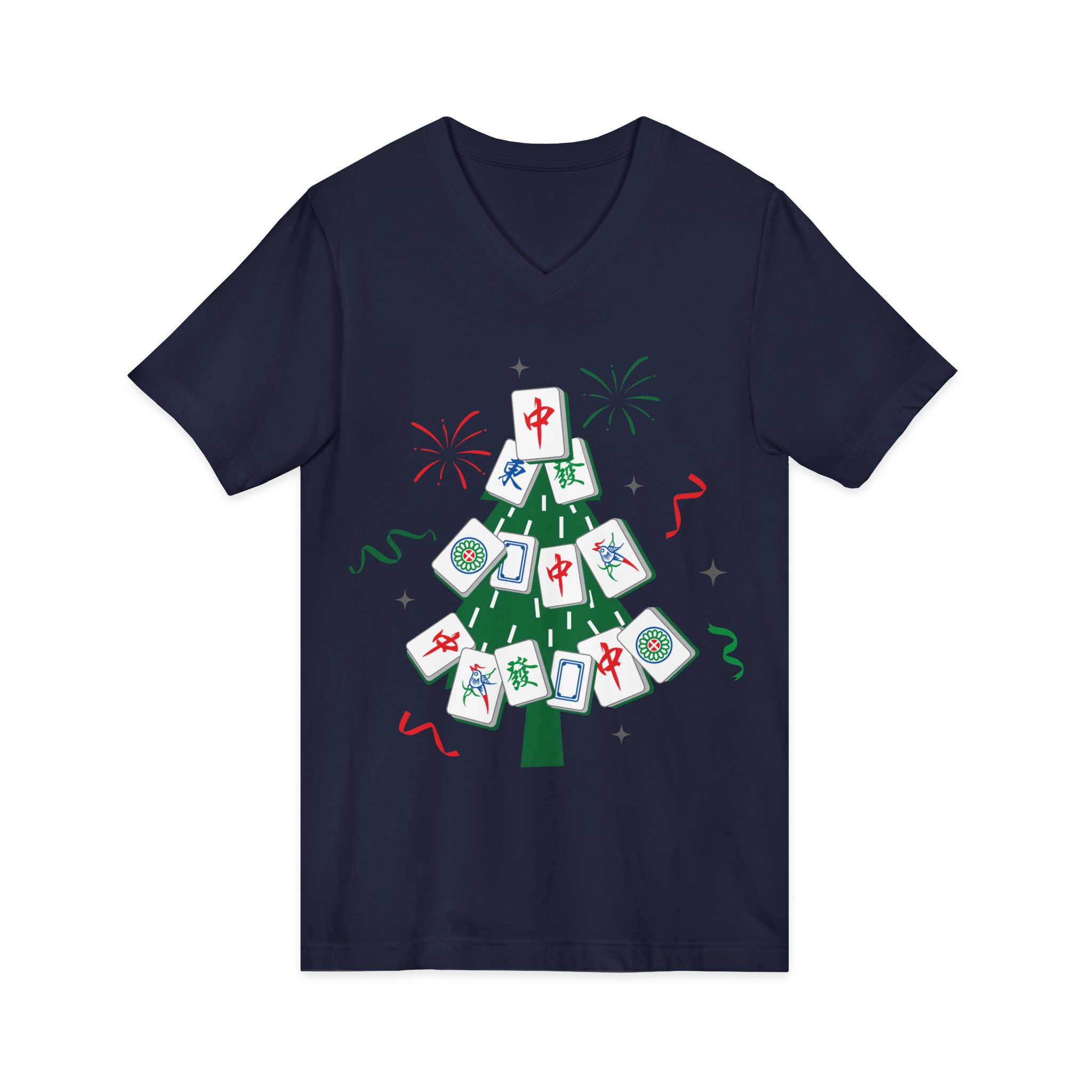 Merry Mahjong Christmas Tree V-Neck Tee | Festive Mahjong Tile Graphic Shirt for Game Lovers - Image 39