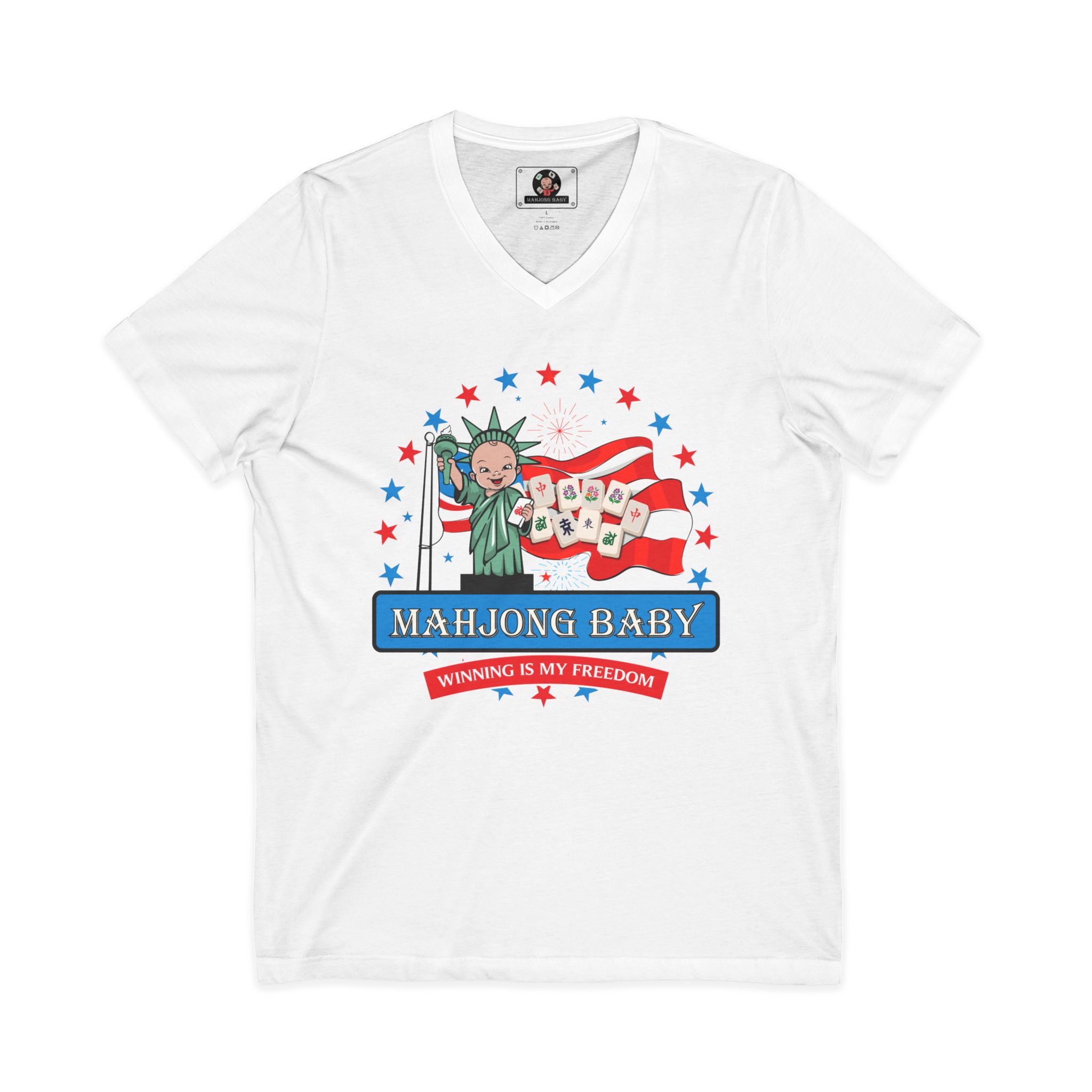 4th of July Mahjong Baby V-neck tee product image, patriotic mahjong shirt with Winning Is My Freedom design on white shirt