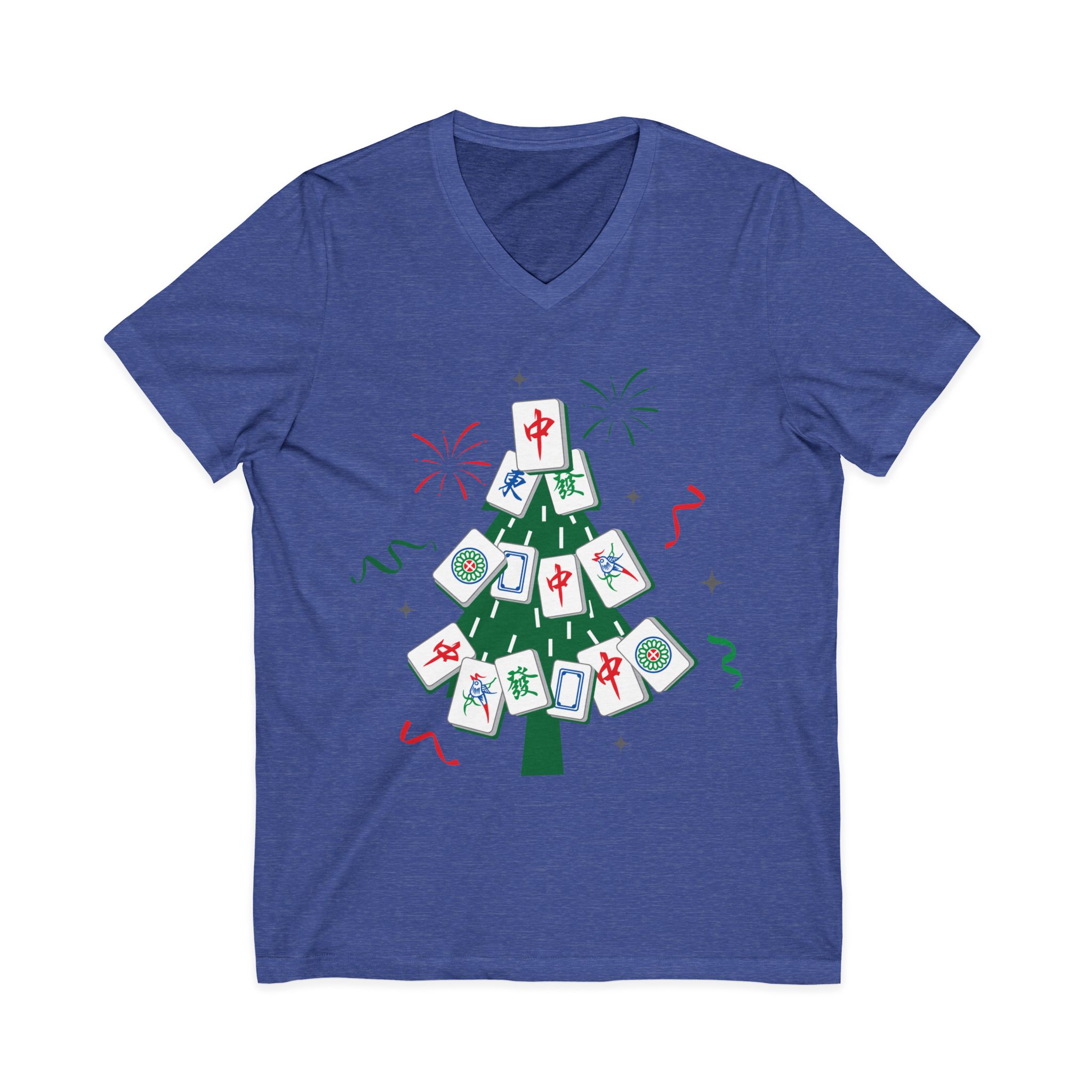 Merry Mahjong Christmas Tree V-Neck Tee | Festive Mahjong Tile Graphic Shirt for Game Lovers - Image 25