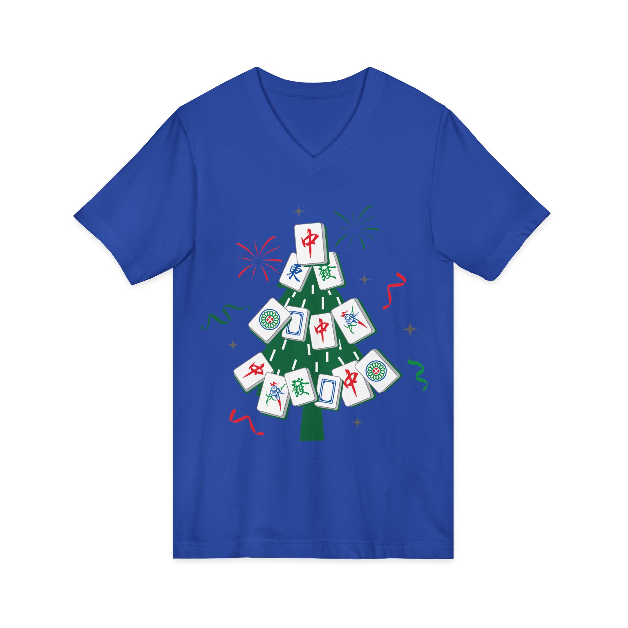 Merry Mahjong Christmas Tree V-Neck Tee | Festive Mahjong Tile Graphic Shirt for Game Lovers - Image 23