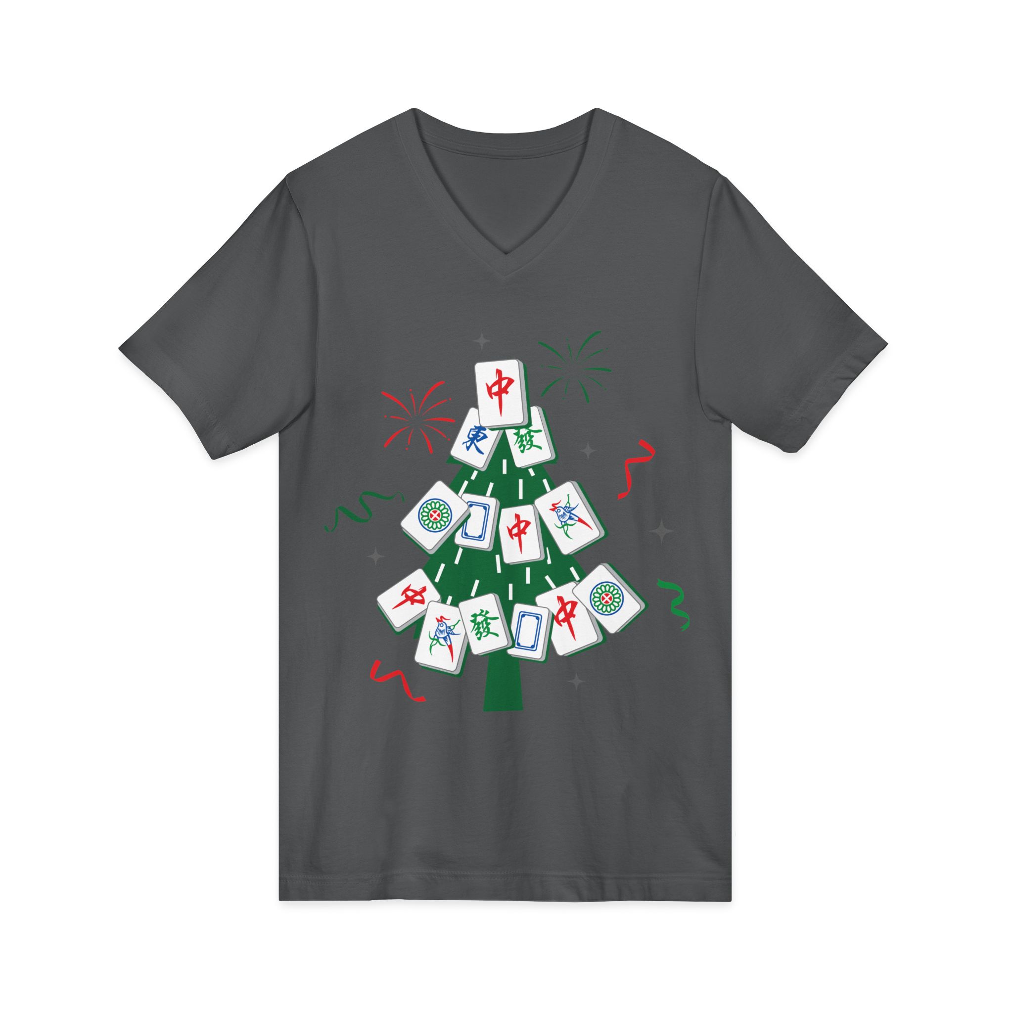 Merry Mahjong Christmas Tree V-Neck Tee | Festive Mahjong Tile Graphic Shirt for Game Lovers - Image 31