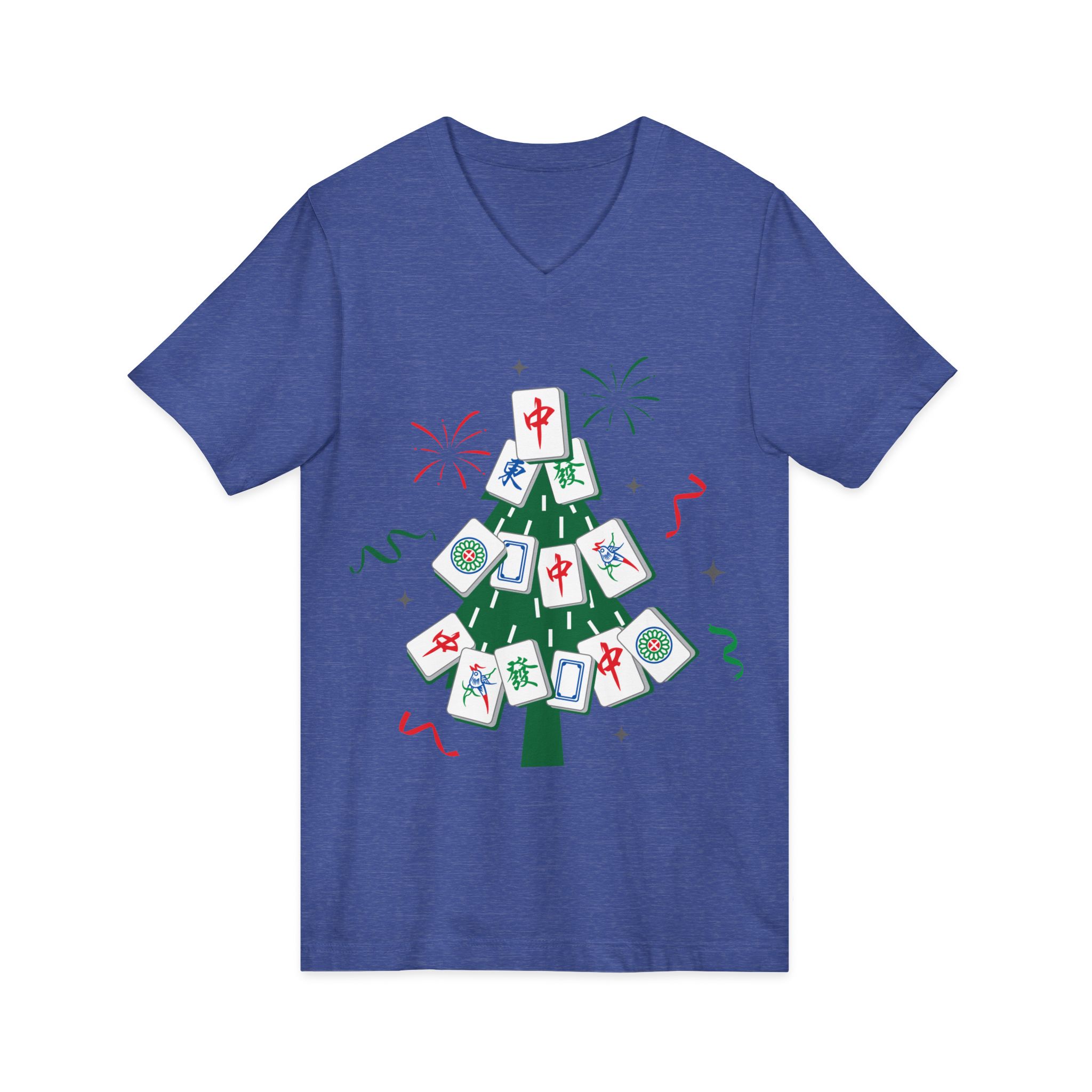 Merry Mahjong Christmas Tree V-Neck Tee | Festive Mahjong Tile Graphic Shirt for Game Lovers - Image 27