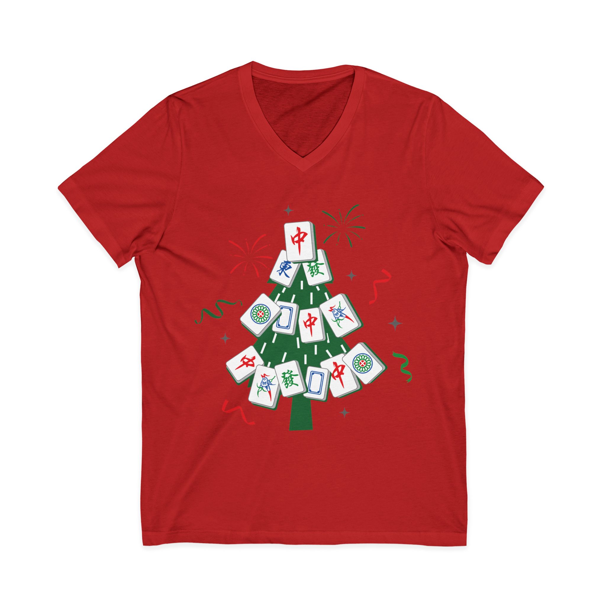 Merry Mahjong Christmas Tree V-Neck Tee | Festive Mahjong Tile Graphic Shirt for Game Lovers - Image 45