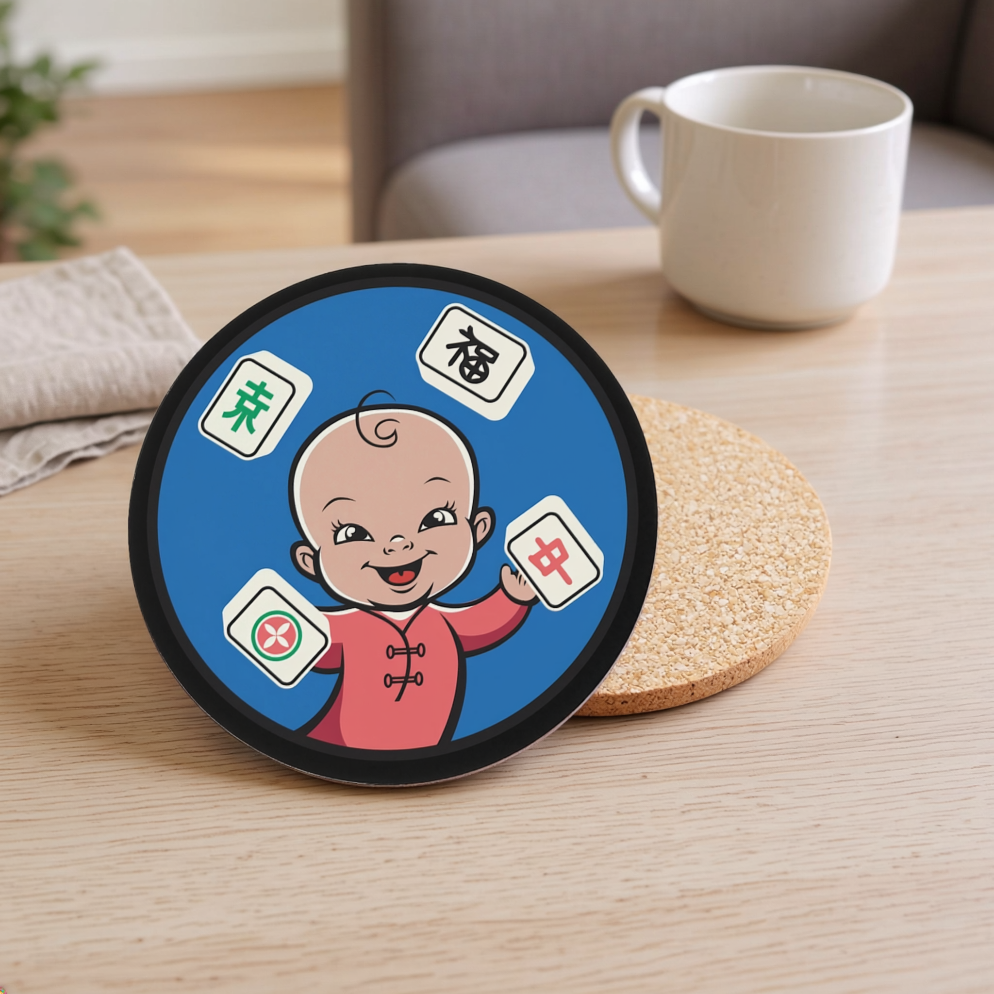 Mahjong Baby Coasters | Black & Blue Retro Tile Drink Coasters (Round or Square) - Image 3